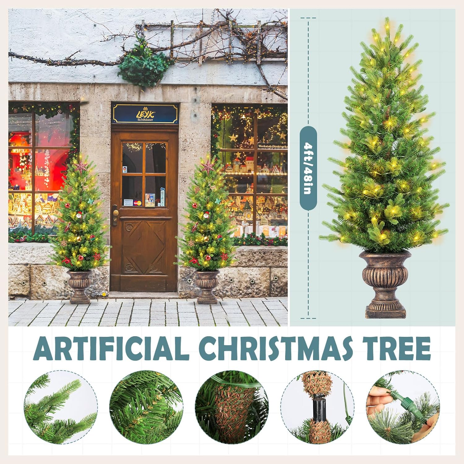 Outdoor Christmas Trees for Porch Entrances,Green Pine Branches and 100 LED Lights Pre-Lit Potted Artificial Christmas Tree for Front Door - 4Ft（Battery Box） image number 4