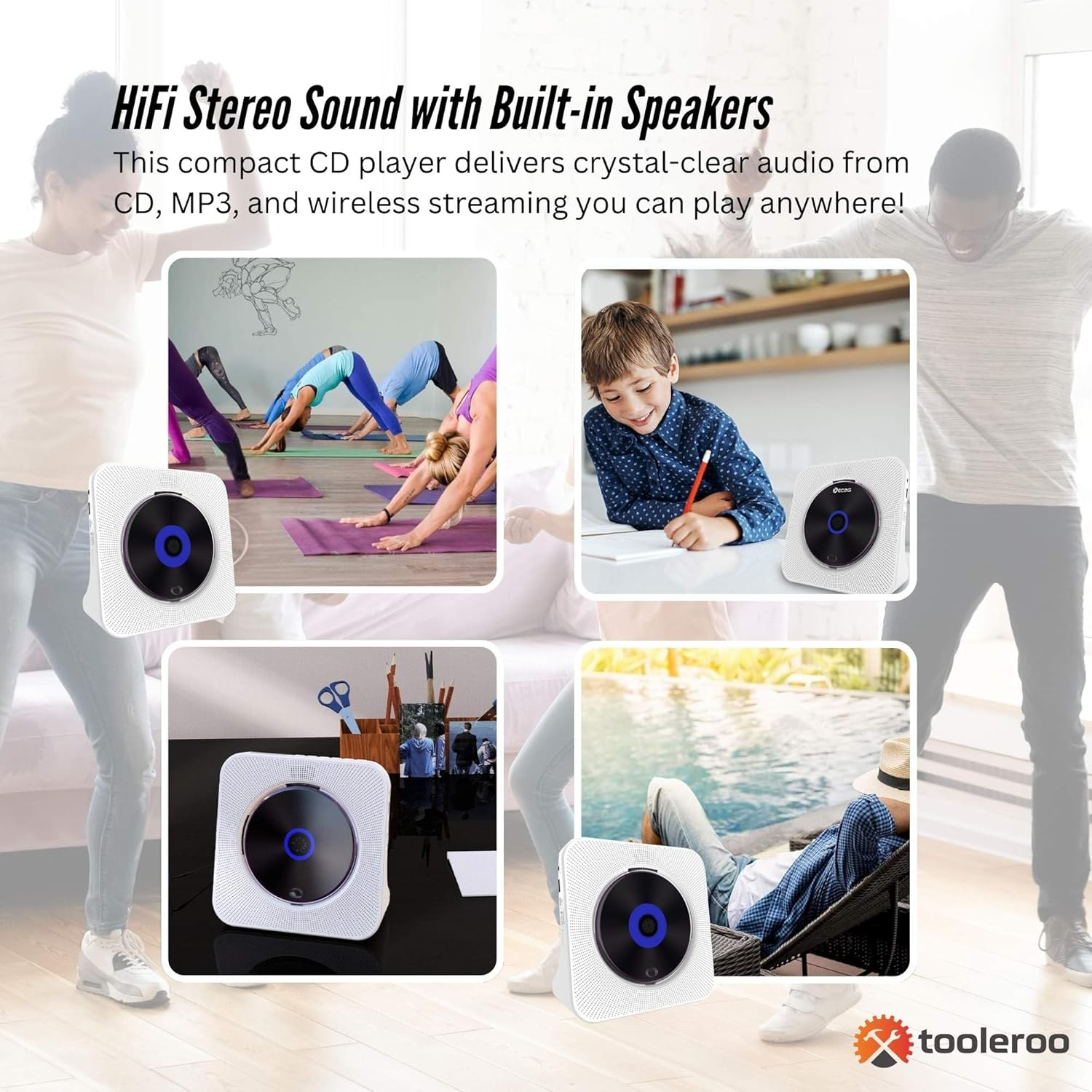 Tooleroo USB Rechargeable Desktop CD Player Speaker &ndash; Bluetooth Portable White