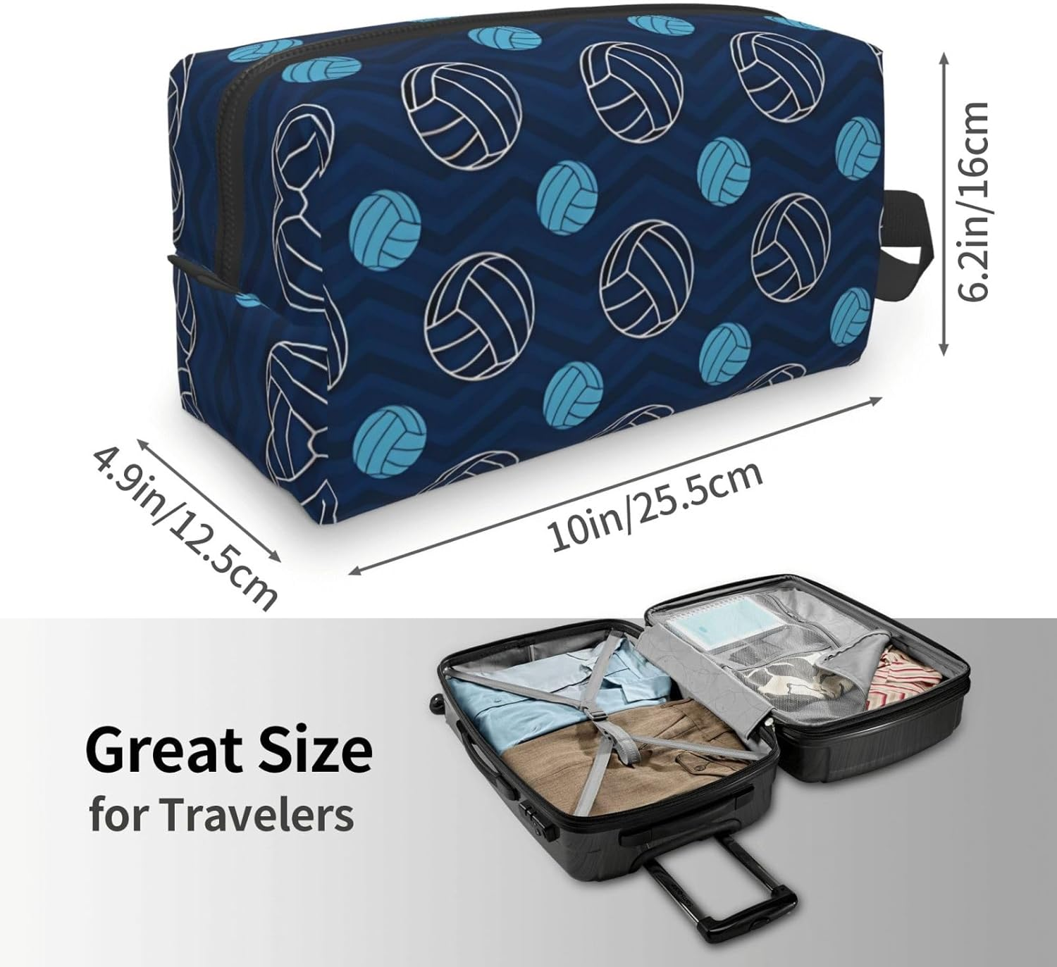 Blue Volleyball Print Toiletry Bag for Men Travel Toiletry Bag, Spacious Capacity Cosmetic Bag for Women, White, One Size image number 3