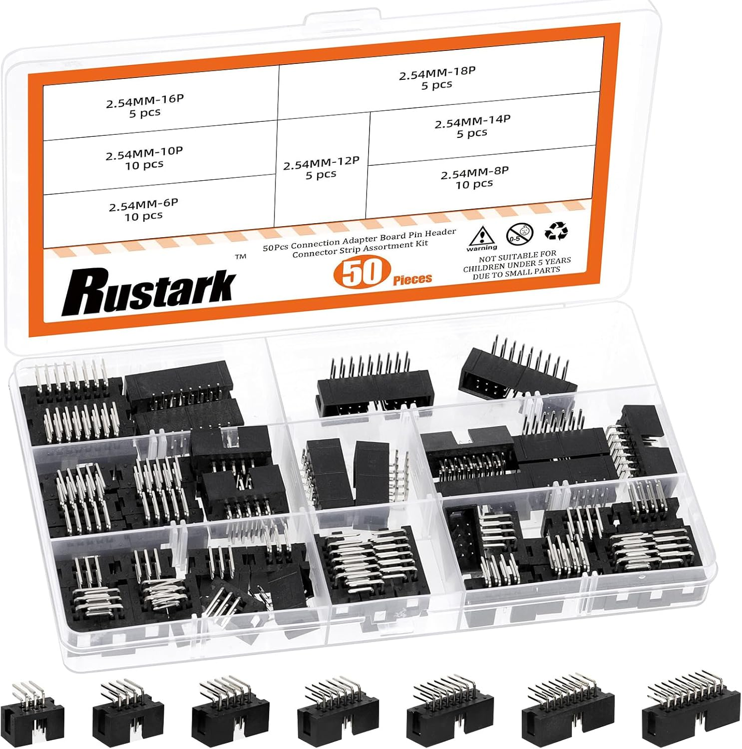 Rustark 50Pcs 2.54MM 6-18Pin Right Angle Male Socket Box Header Connector Assortment Kit Double Row Cable Male Socket SMT Terminal for PCB Electronic Equipment Projects image number 5