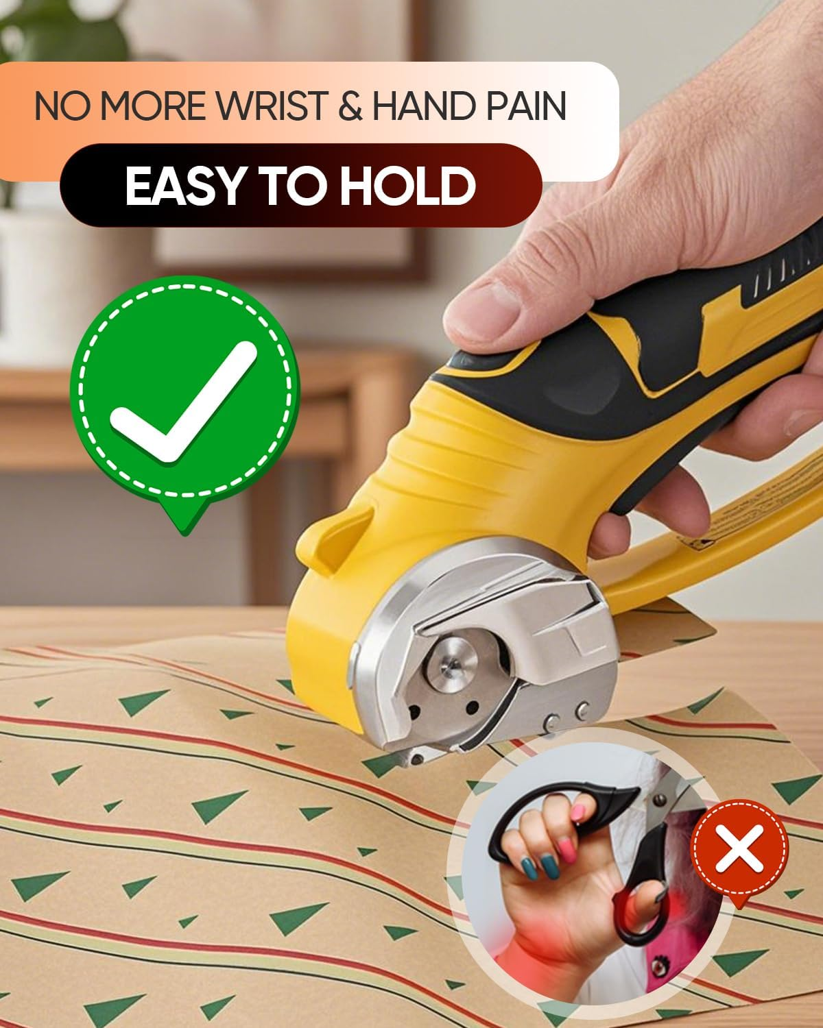 Cordless Electric Scissors, 4V Rechargeable Fabric Cutter with Safety Lock & Light, Heavy Duty Power Rotary Cutter for Leather, Carpet, Cardboard, Sewing & Crafting, 2 X Blades (Yellow) image number 1