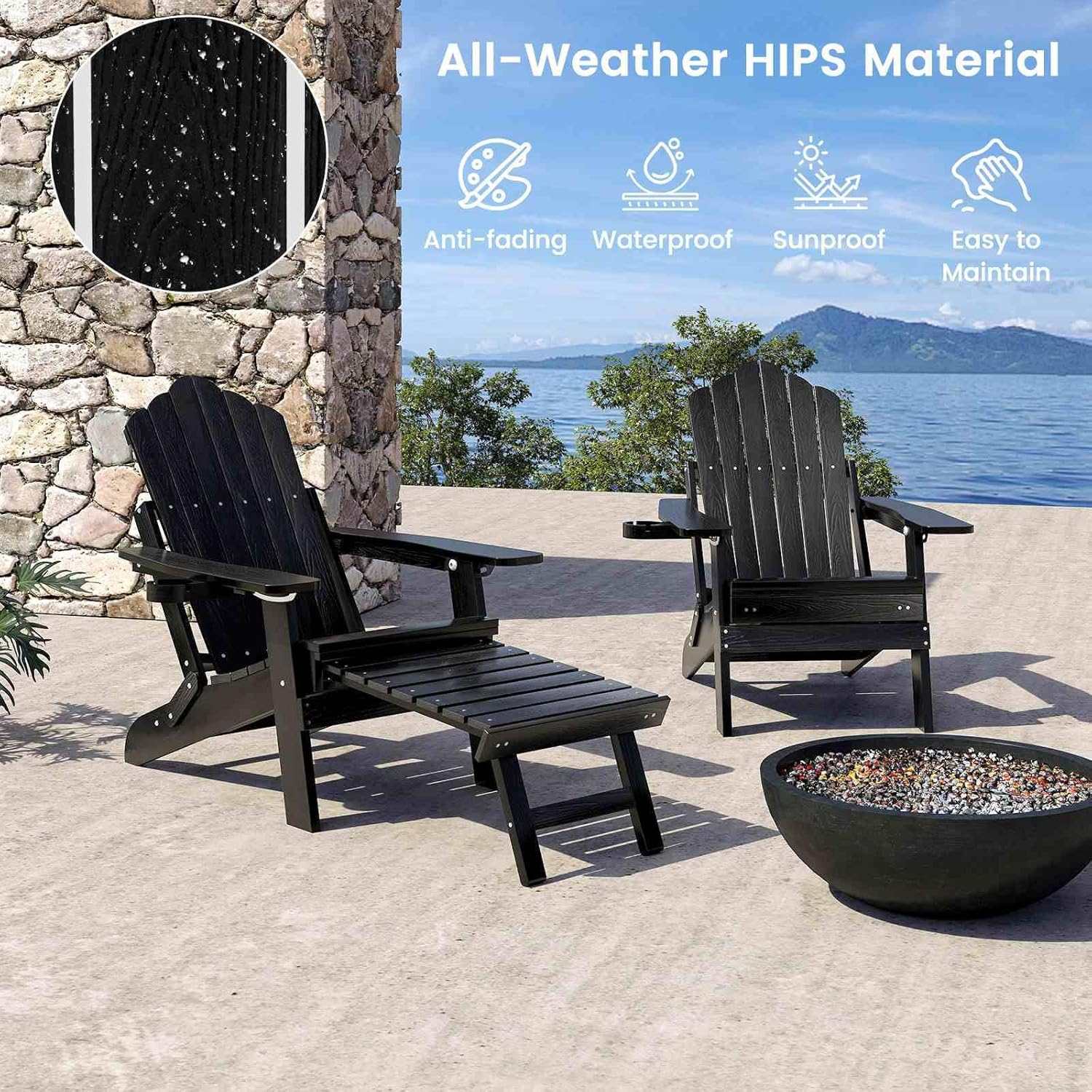 Costway Patio Adirondack Chair, All-Weather HIPS 180Kg Loaded Lounge Chair W/Retractable Footrest & Adjustable Backrest, Outdoor Folding Adirondack Chaise Lounge for Lawn, Backyard (Black) - Black-2 Packs image number 4
