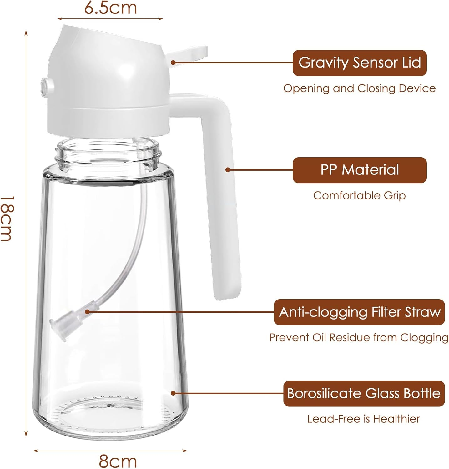 Vivva 16Oz/470Ml Olive Oil Dispenser - 2 in 1 Olive Oil Spray Bottle for Cooking Oil Sprayer Glass Oil Bottle Kitchen Tools, Premium Food-Grade Oil Mister for Air Fryer, Salad, Frying and BBQ (White) - Black  Oil Brush image number 4