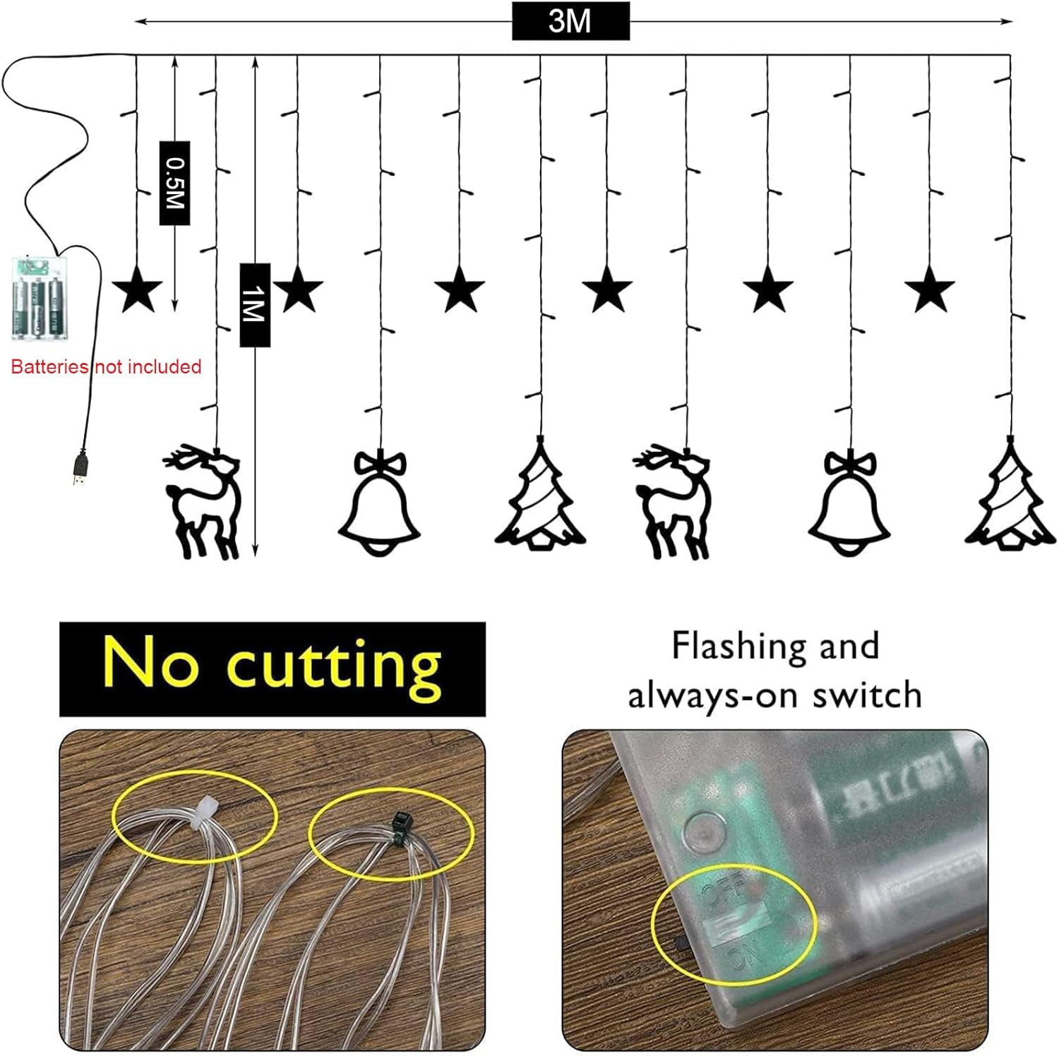 Christmas Window Lights, 138 LED 3.5M Christmas Decorations Indoor Lights with Christmas Tree Bell Reindeer Star, Alway-On Flash Hanging Decors Lights for Party Home Window(Multicolor) image number 4