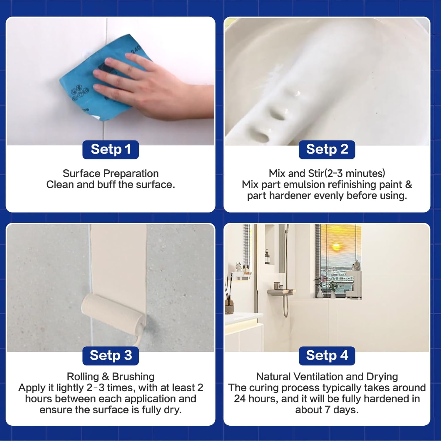 Tub and Tile Refinishing Kit with Tools, 1KG White Tile Paint Water Based & Low Odor, DIY Bathtub Paint, Easy to Use for Bathroom, Kitchen, Porcelain, Floor, Semi-Gloss White,50-60Sq.Ft