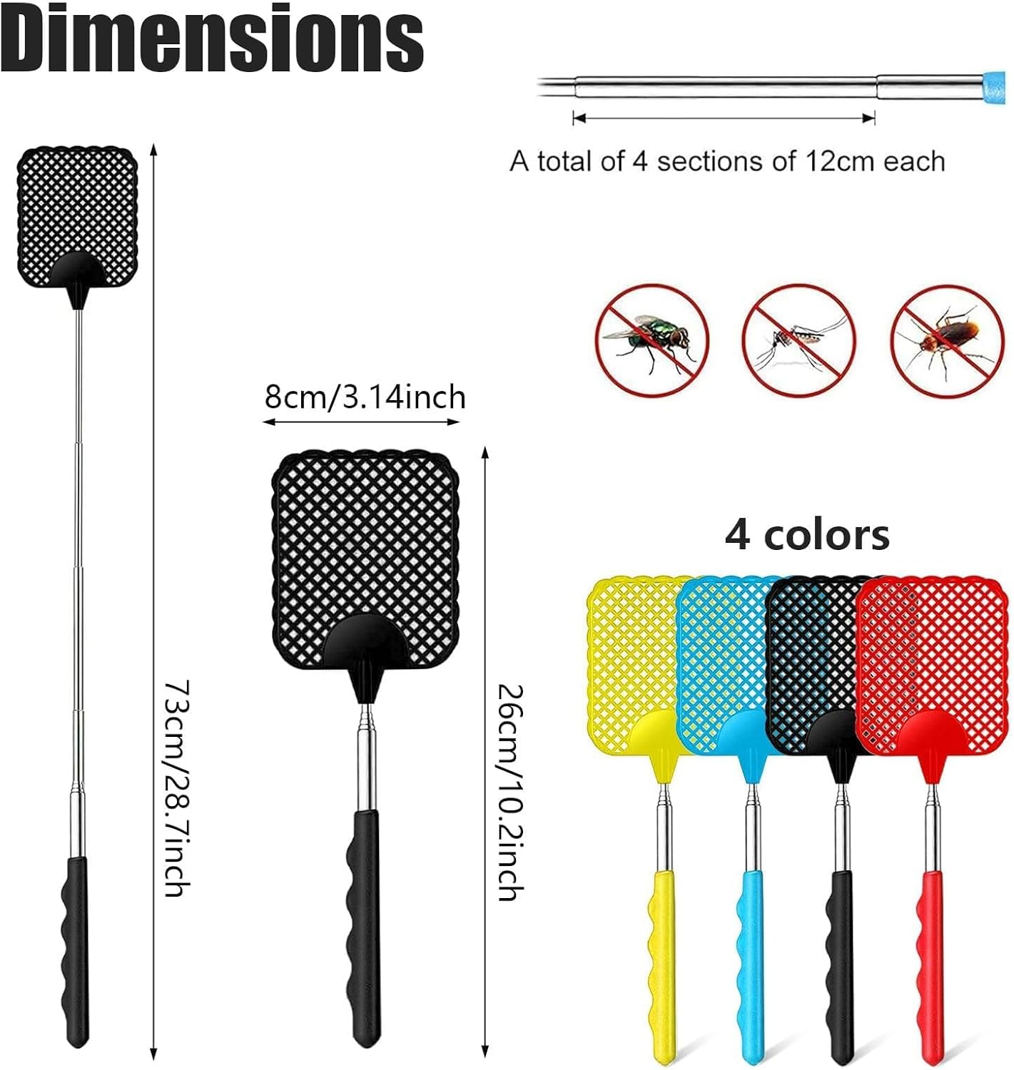 Fly Swatters, 4 Pcs Extendable Fly Swatter, Plastic Fly Swatter for Indoor, Outdoor, Classroom, Office (4 Colors,4 Pcs) image number 6