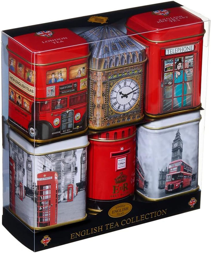 Iconic London Sights 6X Tea Tins with Fine English Breakfast Loose Leaf Tea, British Souvenir, Big Ben, UK Foods