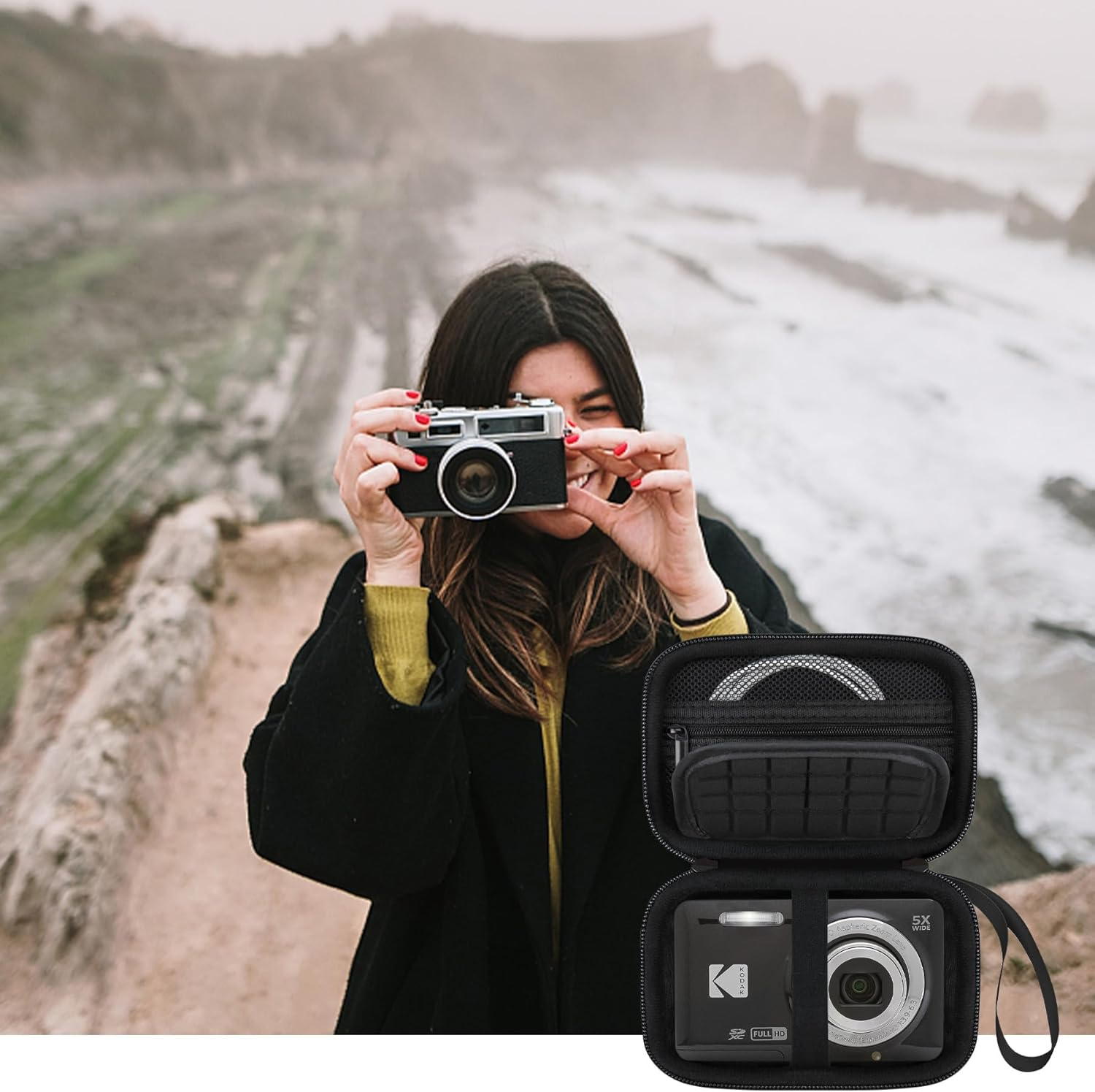 Elonbo Camera Carrying Case for Kodak PIXPRO FZ55 / FZ53 / FZ45 / FZ43 16MP Digital Camera, Vlogging Camera Storage Holder Trave Bag, ​Mesh Bag Fits Batteries, Cable, Memory Card, Card Reader, Black