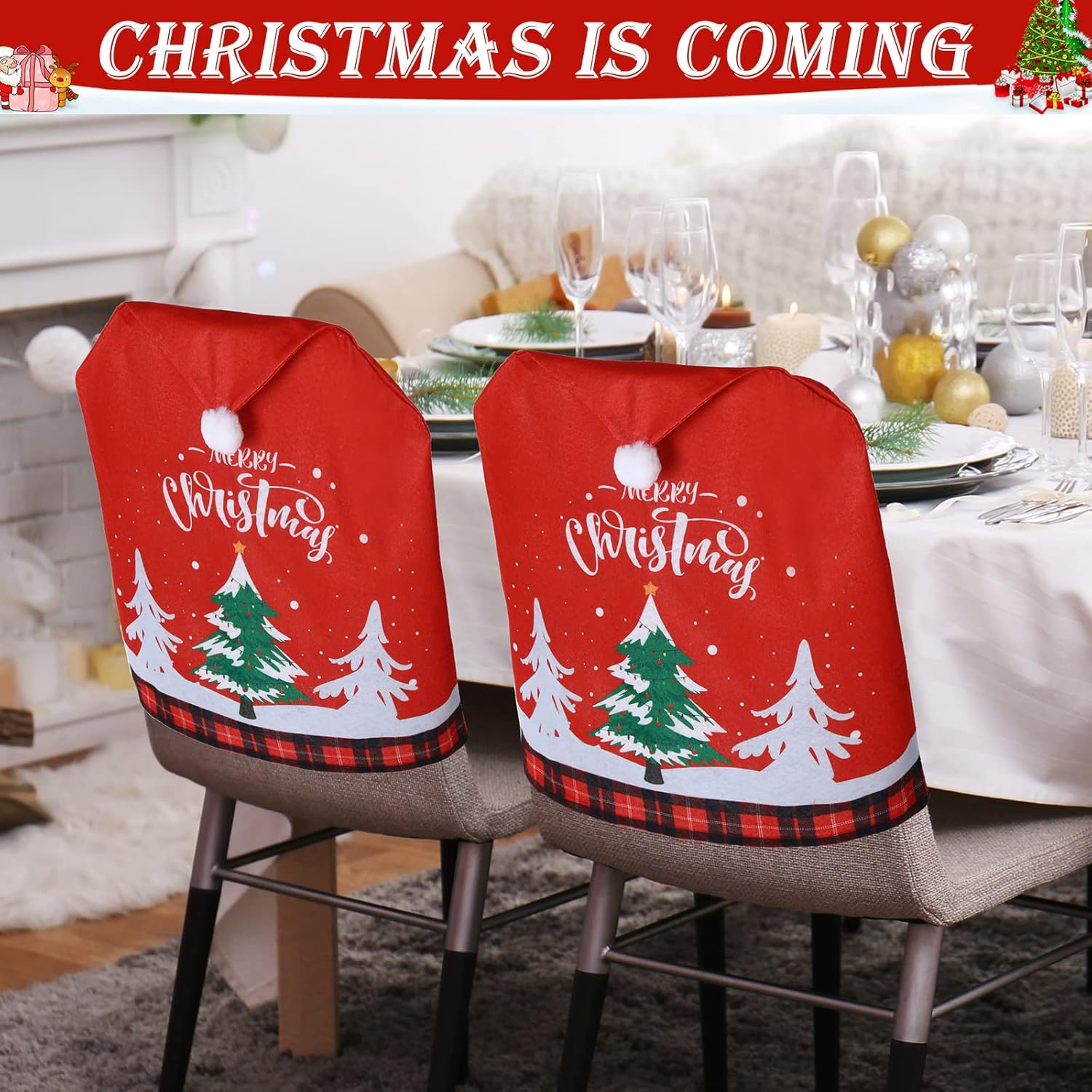 6 Pcs Christmas Chair Covers Santa Hat Red Slipcovers Chair Back Covers Xmas Chair Covers Decoration for Home Dinner Christmas Banquet Party Festival Decor, 23.6 X 19.6 Inch image number 5