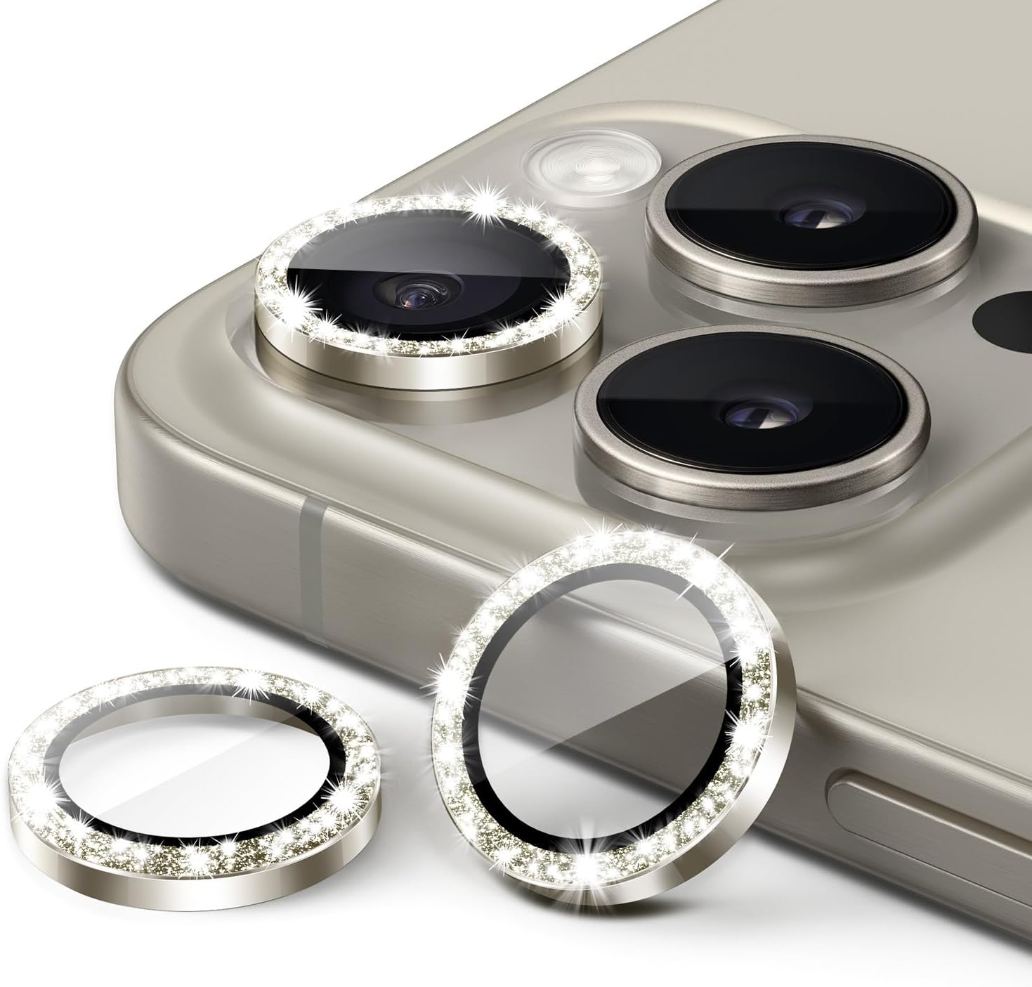 Jetech Camera Lens Protector for Iphone 15 Pro 6.1-Inch and Iphone 15 Pro Max 6.7-Inch, Bling Glitter Individual 9H Tempered Glass Metal Ring Cover, HD Clear, 1 Set (White Titanium)