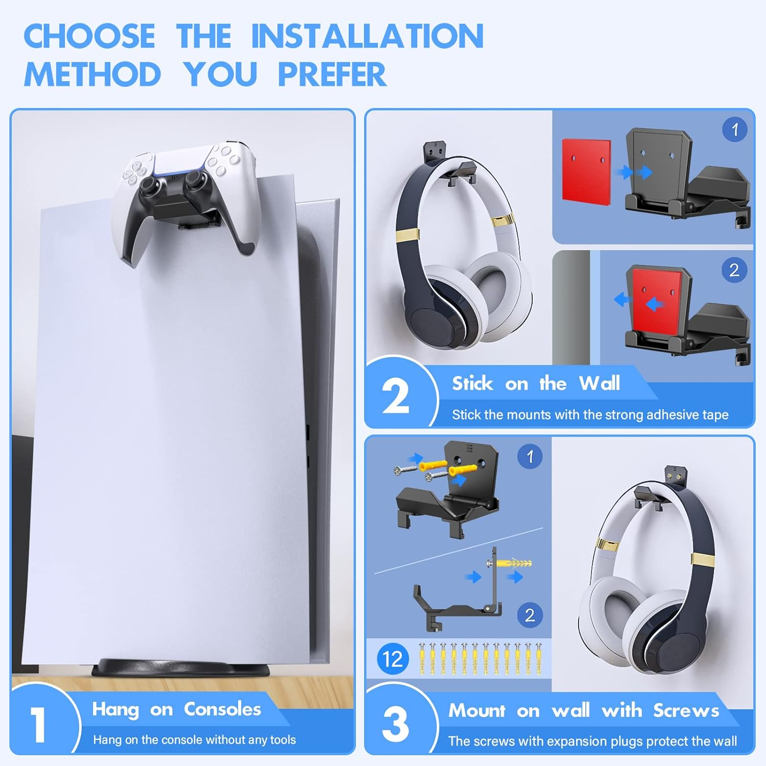 Controller Wall Mount Holder for PS5 Pro/Slim Controller, for Switch Controller,Strong Adhesive/Screw Controller Holder Headphone Stand,Headset Hanger Hook for Universal Controller and Headset-6 Pack image number 6