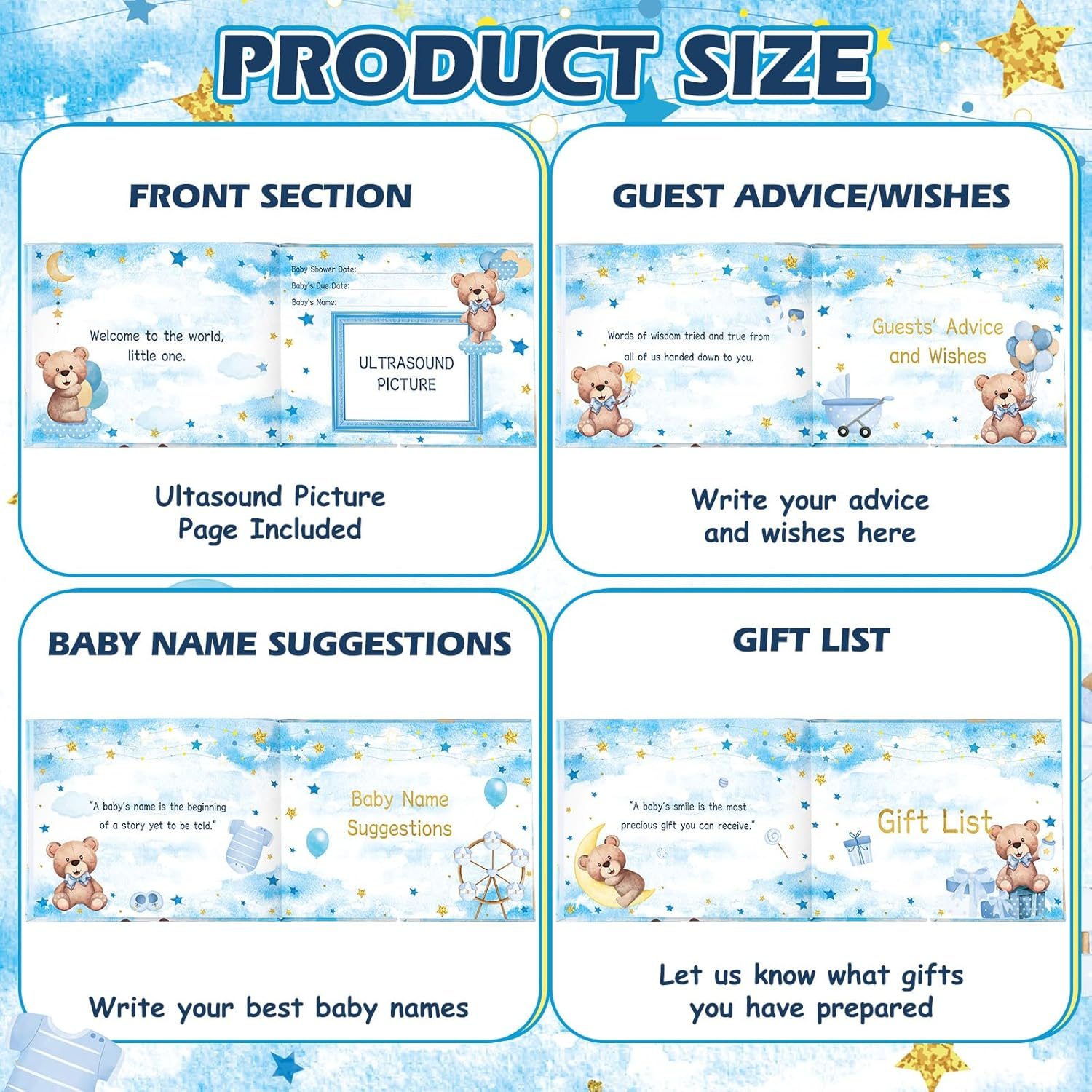 Blue Bear Baby Shower Guest Book Baby Shower Sign in Guest Book Reception with Baby Sonogram Page Keepsake Includes Gold Pen Table Card and Adhesive Photo Corner for Birthday (Little Bear) image number 6