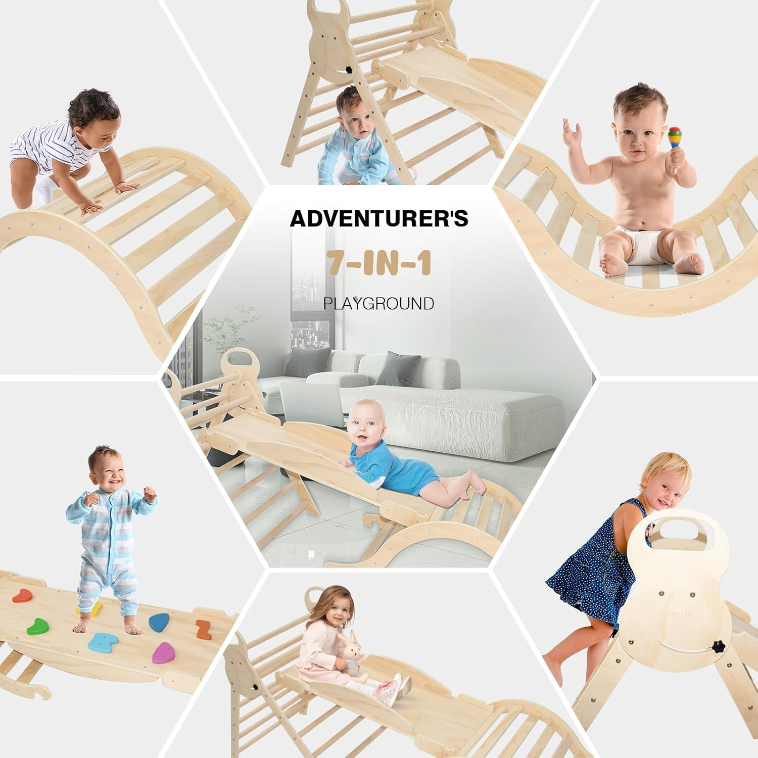 7 in 1 Pikler Triangle Set,Foldable Climbing Toys Wooden Montessori Climbing with Sliding Ramp&Arch Rocker for Toddlers,Climber Indoor Playground Set for Kids (Wooden Color) image number 4