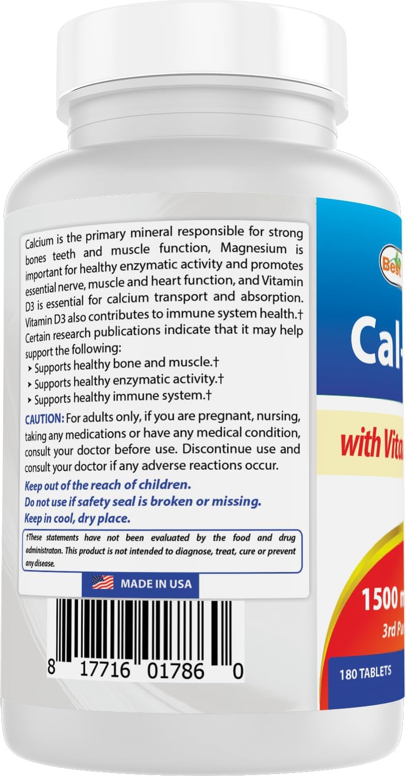 Best Naturals Calcium Magnesium with Vitamin D3 1500Mg Serving 180 Tablets image number 6