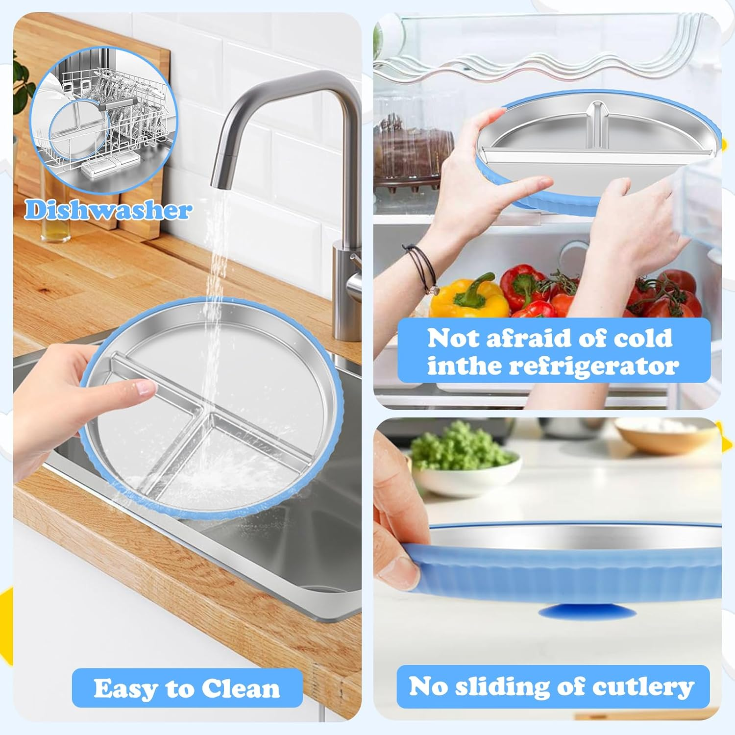 2 Pack Stainless Steel Kids Plates with Suction, 9&rdquo; Divided Toddler Plate with Nonslip Silicone Sleeve, Toddler Utensils Baby Feeding Set, Metal Snack Food Portion Platesfor Baby Led Weaning Supplies image number 1