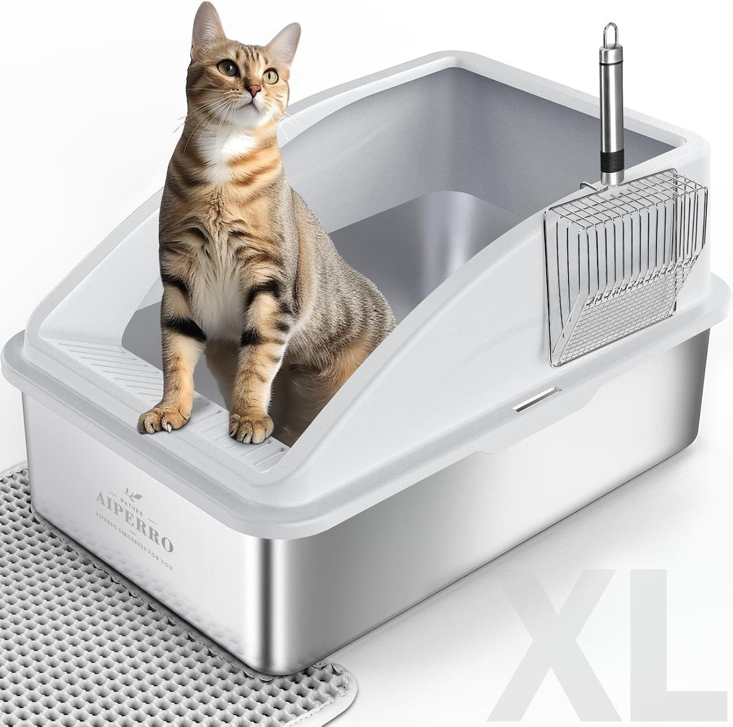 Stainless Steel Litter Box | XL Enclosed Cat Litter Boxs with Lid for Big Cats | High Sided, Anti-Urine Leakage | Non-Stick Bottom & Includes Litter Mat & Metal Scoop image number 4