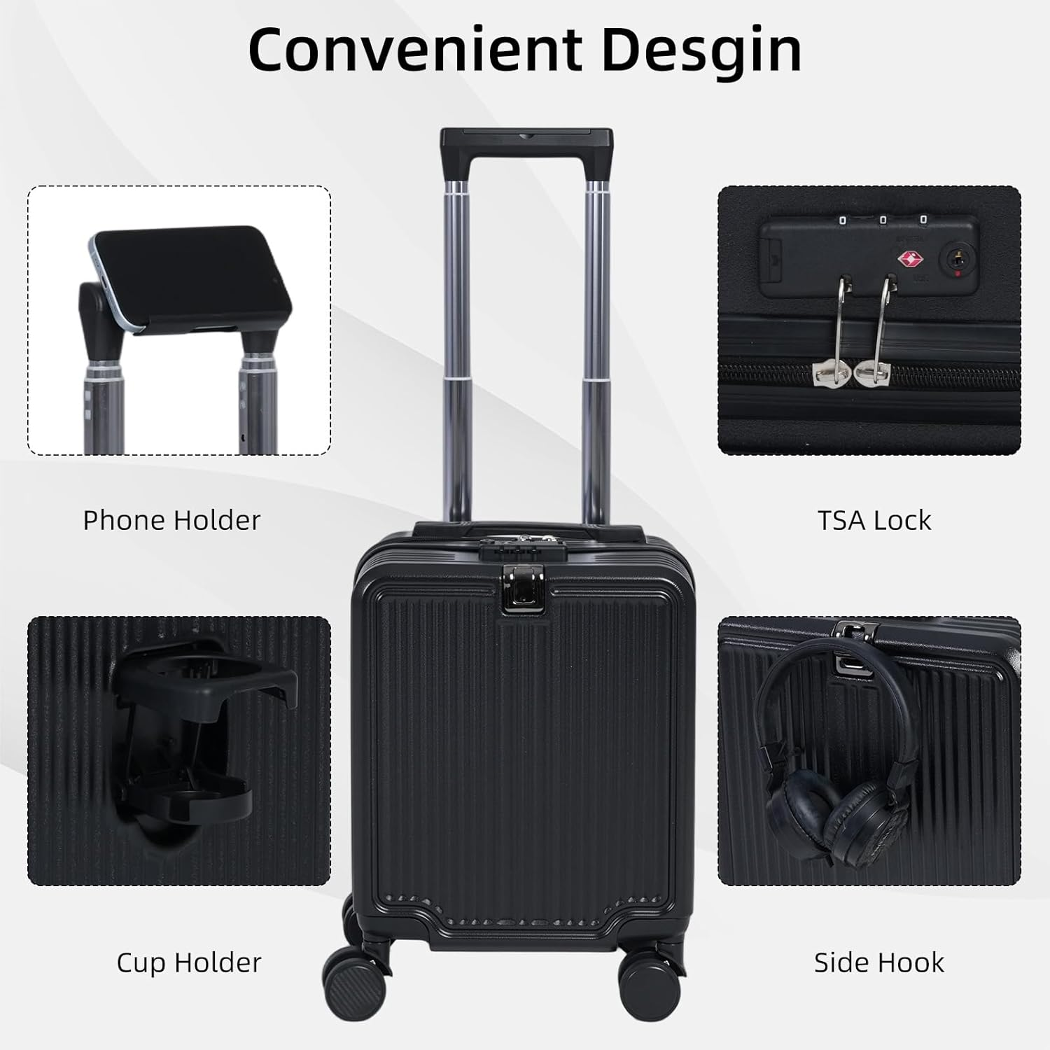 Yodolla 14" Carry-On Suitcase, Hard Shell Luggage with Phone Holder & Cup Holder, 25L Capacity, TSA Approved Lock, 360&deg; Spinner Wheels, Lightweight ABS, Perfect for Domestic Travel, Black image number 2