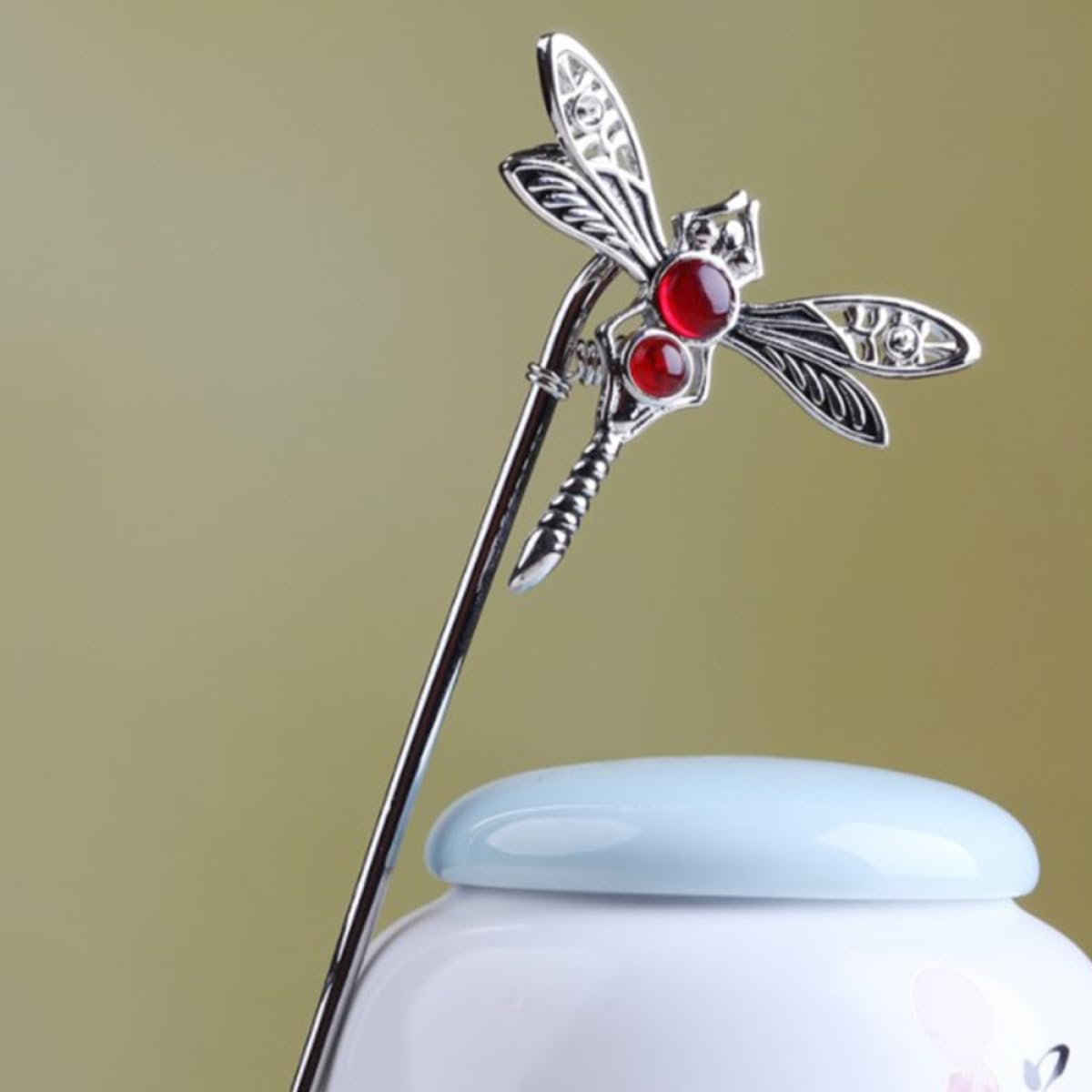 IMUSINICE White Gold-Plated Dragonfly Hair Stick with Pearl and Agate Hair Chopsticks Suitable for Hanfu image number 6