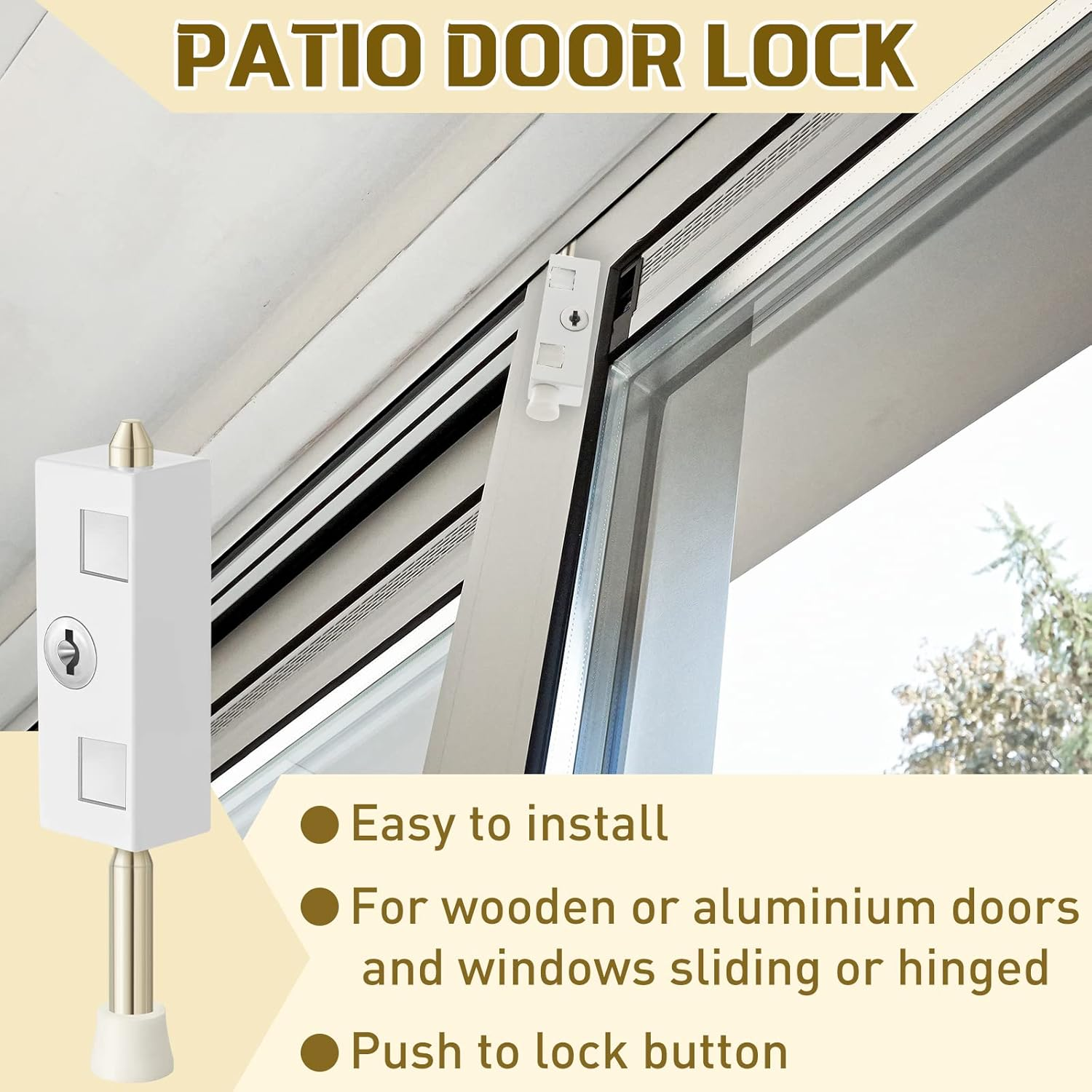 Sliding Door Lock Rectangle Patio Door Lock Keyed for Sliding Glass Door Hinged Door Security Bar Heavy Duty Steel Bolt Zinc Alloy Iron Portable Lock to Prevent Sliding or Lifting of Door (4 Pieces) image number 5