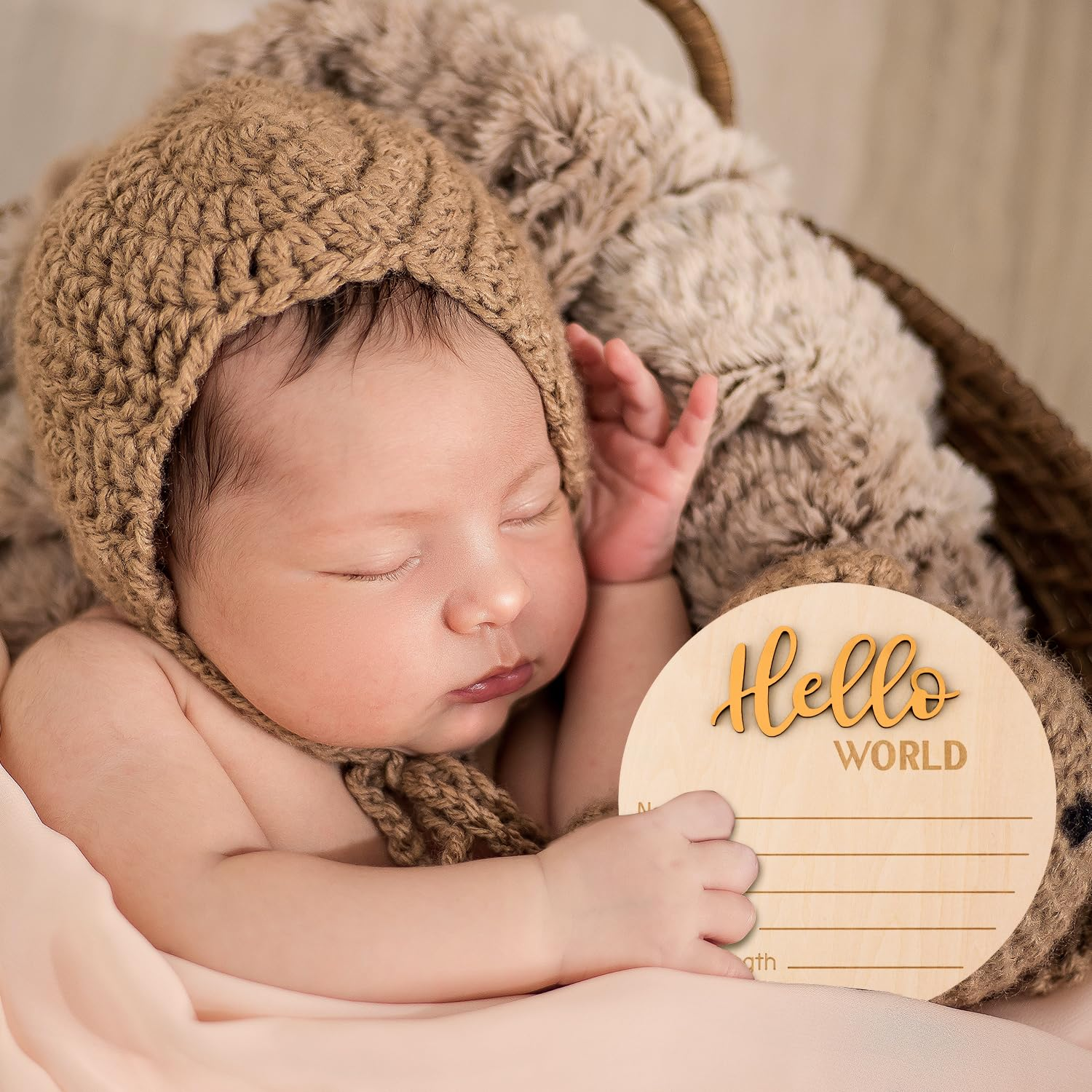Baby Announcement Sign, 5.9 Inch Wooden Hello World Newborn Welcome Sign Birth Announcement Name Plate for Hospital Nursery (Dark Gold) image number 4
