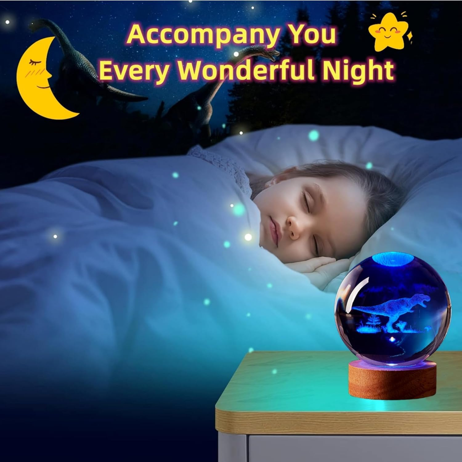 Crystal Ball Night Light, 3D Animal Models Night Light, USB Powered, Wooden Base, Birthday Christmas and Others Dream Decoration Gift (Dinosaur/Color Light, 6CM) image number 4