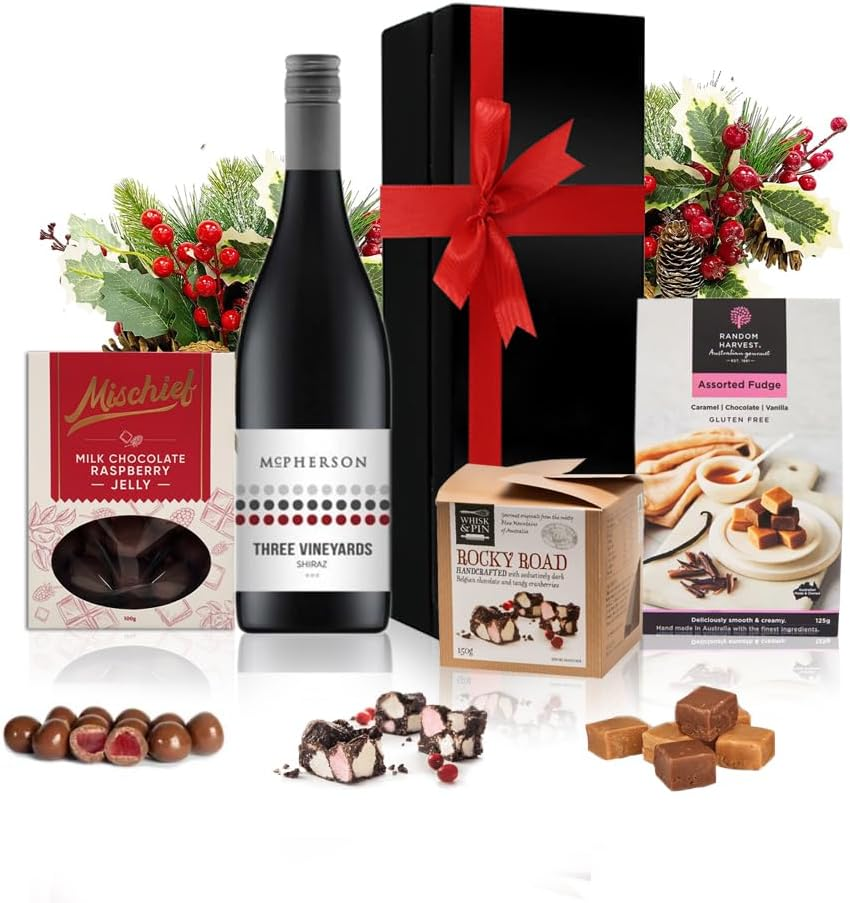 Purely Gourmet Wine Gift Hamper - Three Vineyards Shiraz with Mischief Milk Chocolate Raspberry Jelly, Assorted Fudge & Whisk & Pin Rocky Road &ndash; Elegant Gift Box with Red Ribbon