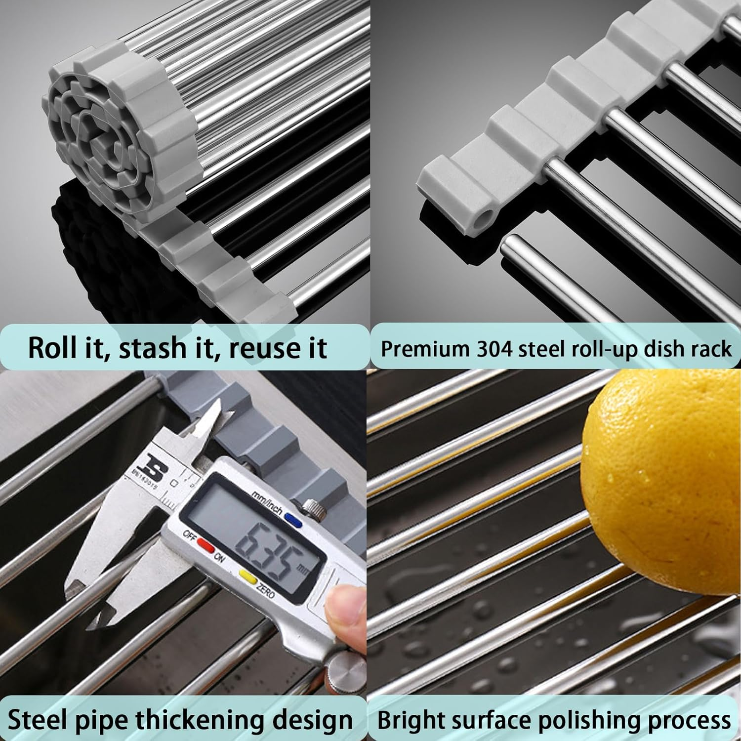 Roll up Dish Drying Rack, Foldable Stainless Steel over Sink Drainer Mat, 43Cm(L) X 35Cm (W), Space-Saving Kitchen Counter Dish Drainers for Dishes, Fruits, Vegetables (Grey) image number 6