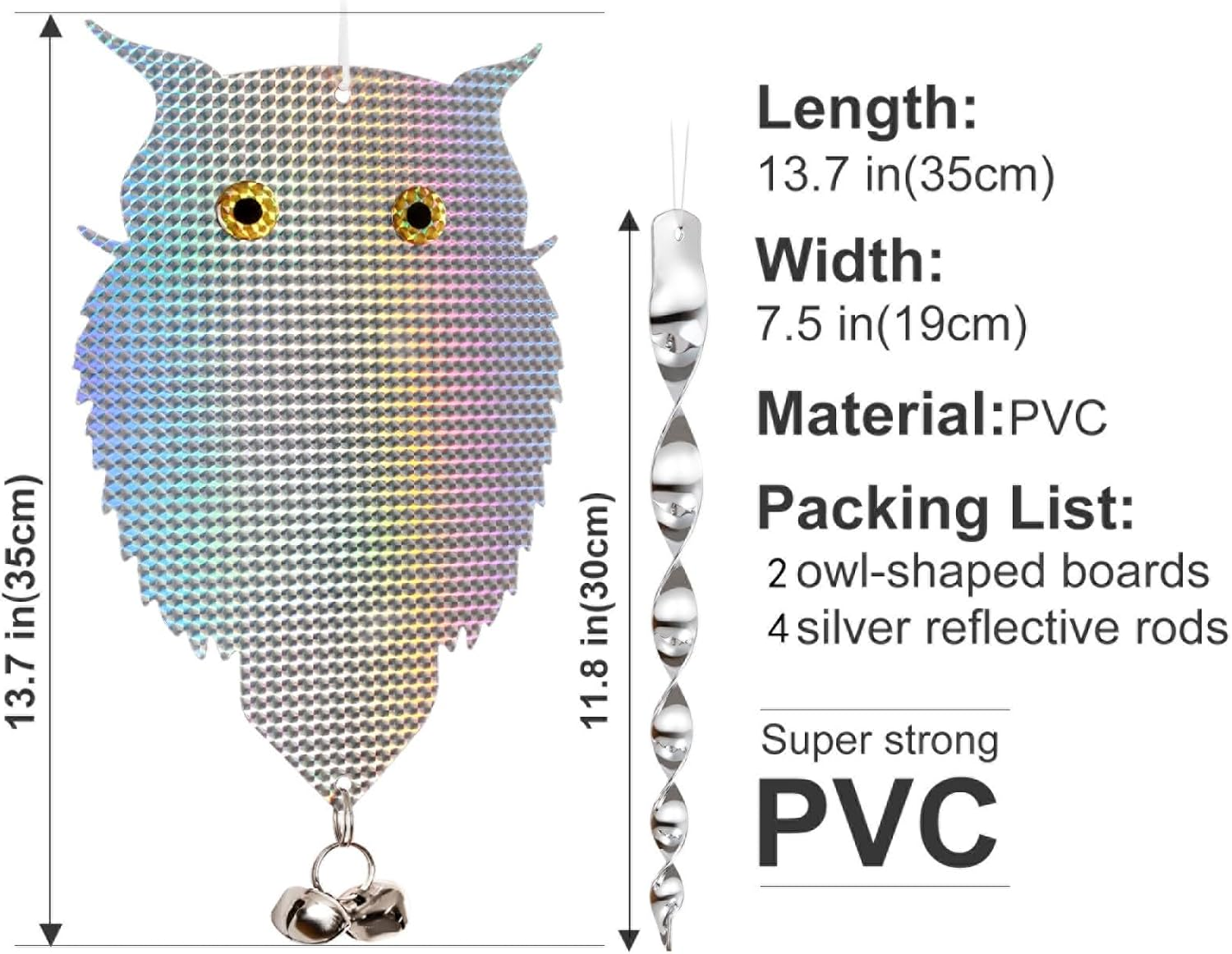 OFFO Owl Decoy for Pigeon Deterrent Hanging Outdoors Reflective Plastic Owls to Scare Pigeons to Keep Birds Away on Gardens with Bells 2 Pcs+4 Rods image number 5