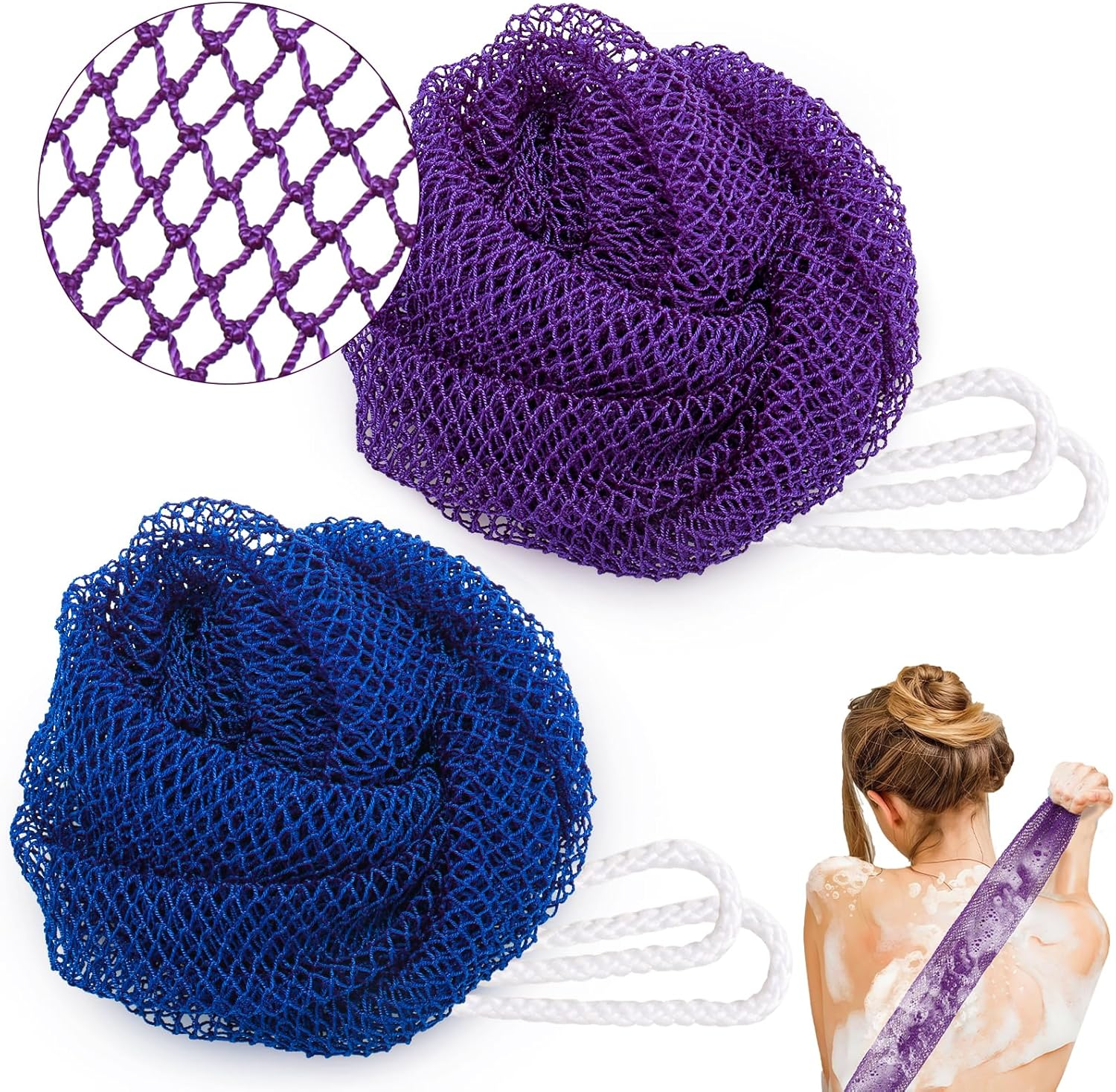 MR.TIMELAG African Net Bath Sponge 2-Pack - Extra Long Exfoliating Bath Towels (Purple + Navy Blue) for Deep Cleansing & Skin Renewal - Premium Mesh Body Scrubber for Men & Women (0.17Kg) image number 4