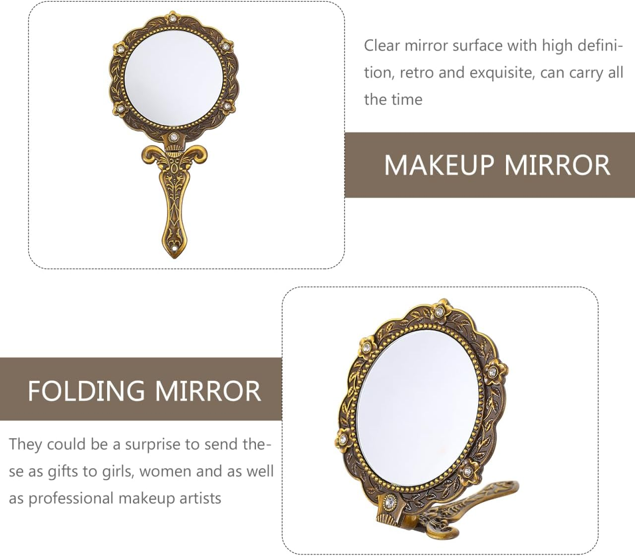 Uonlytech Vintage Hand Mirror Antique Handheld Mirror Antique Hand Mirrors with Handle for Face Makeup Cosmetic Mirror image number 4
