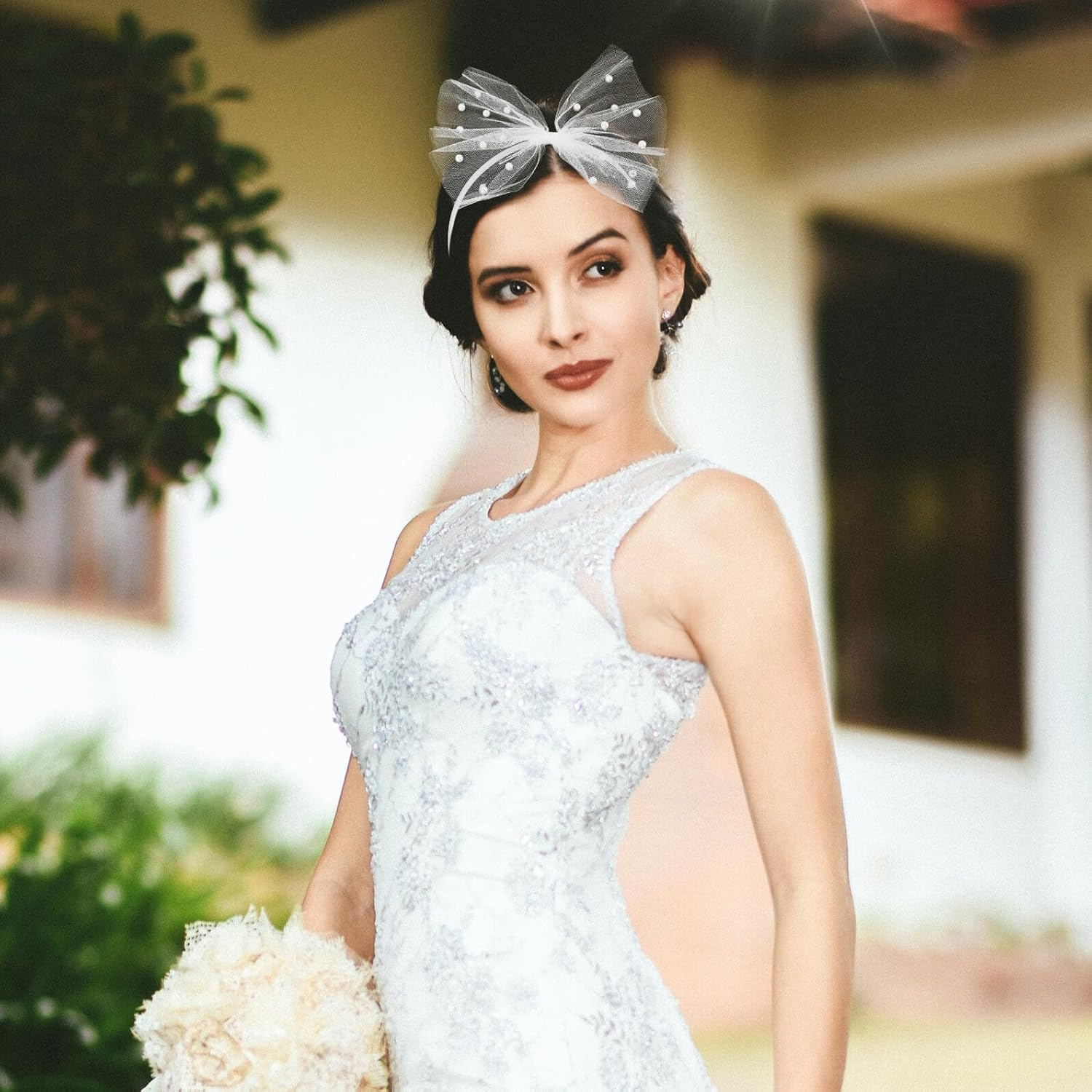 LIFKOME Tulle Bowknot Hairband Bead Embellishments White Bow Headband for Women and Party Wedding Hair Accessories image number 5