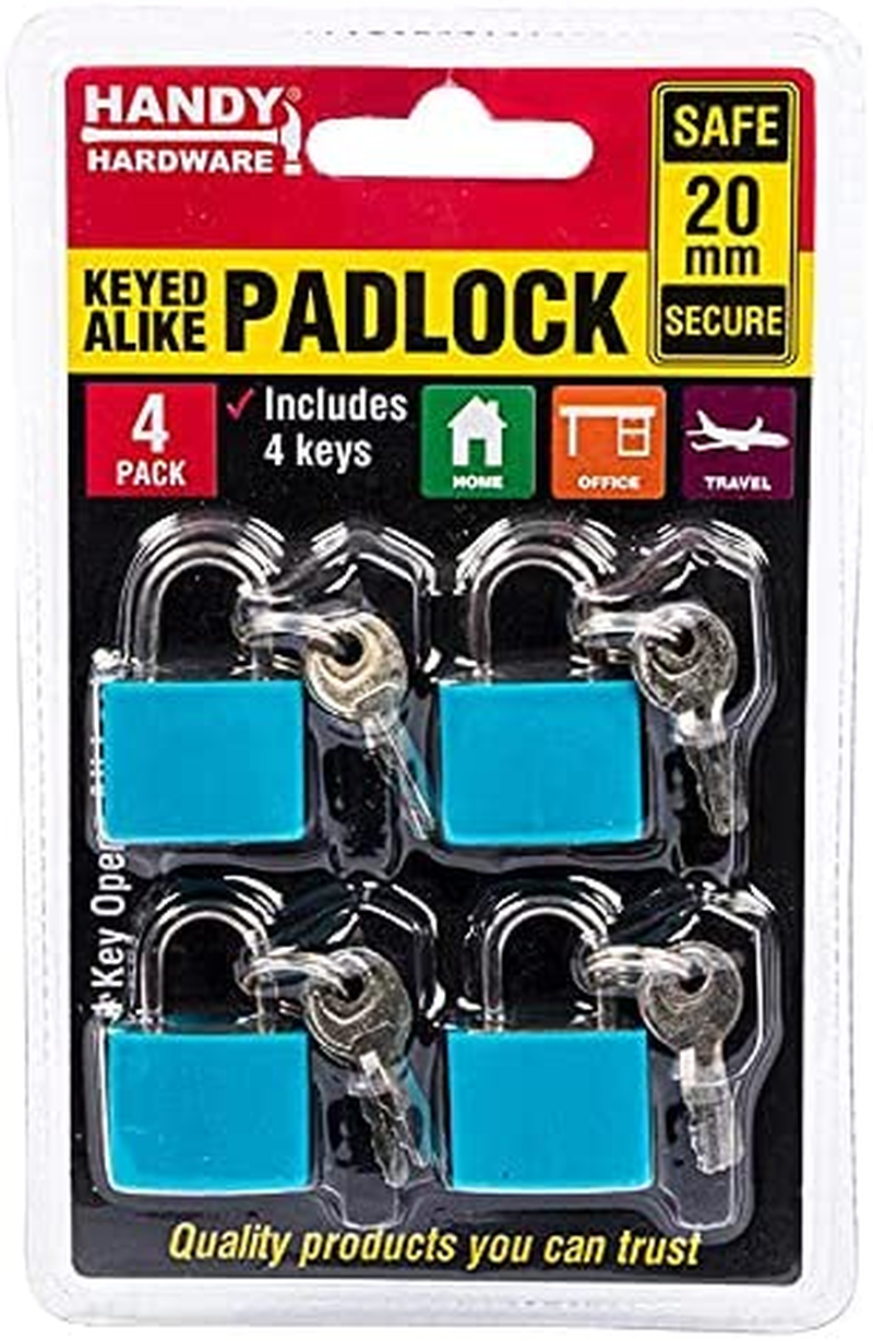 [4PCE] Handy Hardware Padlock Keyed Alike Random Colour(Blue, Green, Purple) 20Mm Best Used for Backpacks, Luggage, Computer Bags, Locker, Gym and More