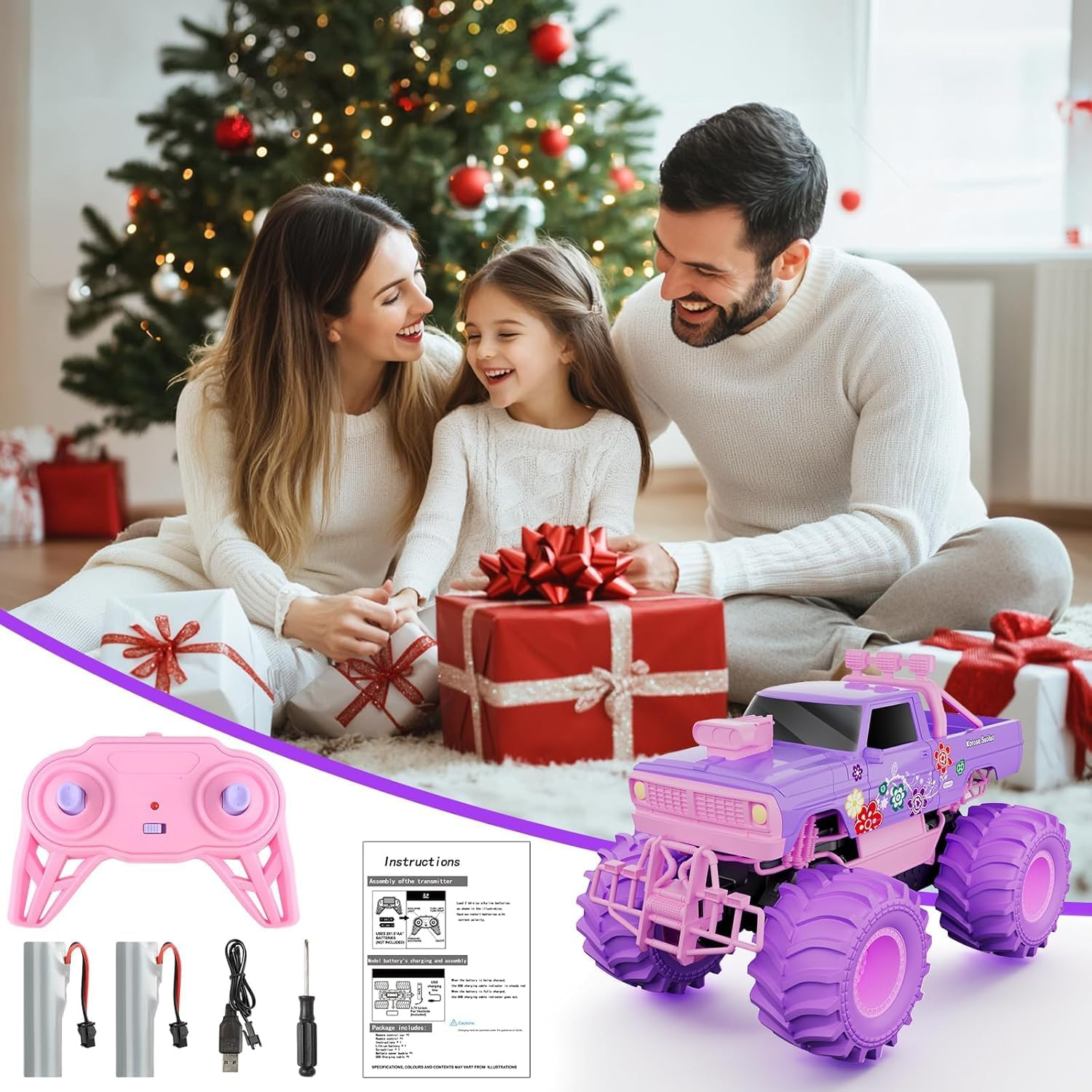Remote Control Monster Truck for Girls- 1:16 Rc Car with 2 Batteries 2.4Ghz 4WD Off-Rock All Terrain Waterproof Amphibious Toys, for Christmas Birthday Gifts Presents Kids Boys Girls Ages 6+ image number 3
