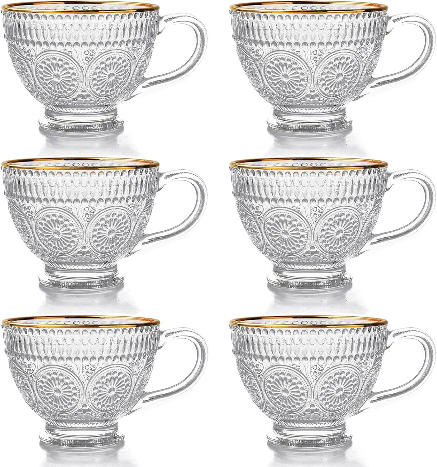 Blissora Large Embossed Tea Cup, Valentines Ribbed Coffee Mug Sets Pack of 2/4/6 for Cereal Cappuccino Dessert, Crystal Friend Mum Gift (Gold Rim, 4 Pack)