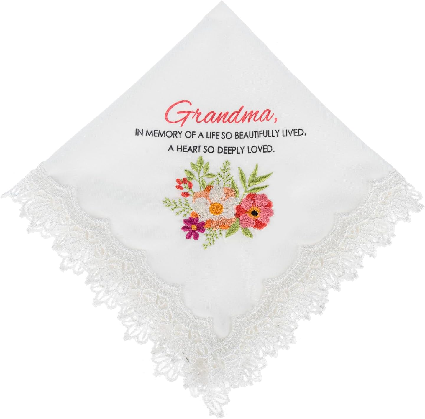 Ganz Embroidered Keepsake Bereavement Memorial Handkerchief with Lace Trim 12 X 12 Inch Polyester Floral in Memory Grandma, White