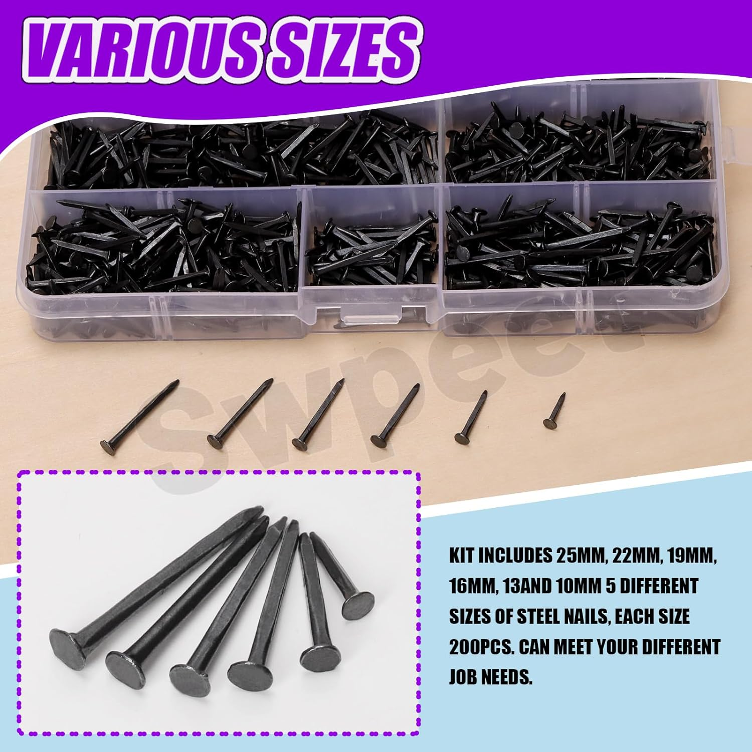 Swpeet 1200Pcs 6 Sizes 10Mm/13Mm/16Mm/19Mm/22Mm/25Mm Metal Nails Tacks Assortment Kit, Non-Slip Shoe Tacks Metal Hardware Nails Studs for Shoes Boots Leather Heels Soles Repairs Replacement