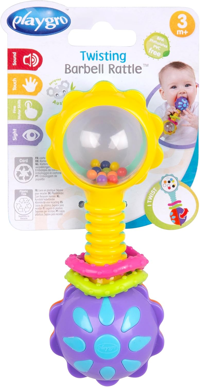 Playgro Twisting Barbell Rattle Refresh - Interactive Baby Teething Toy for Soothing Gums, Colorful Beads, and Engaging Sounds, Multicolor