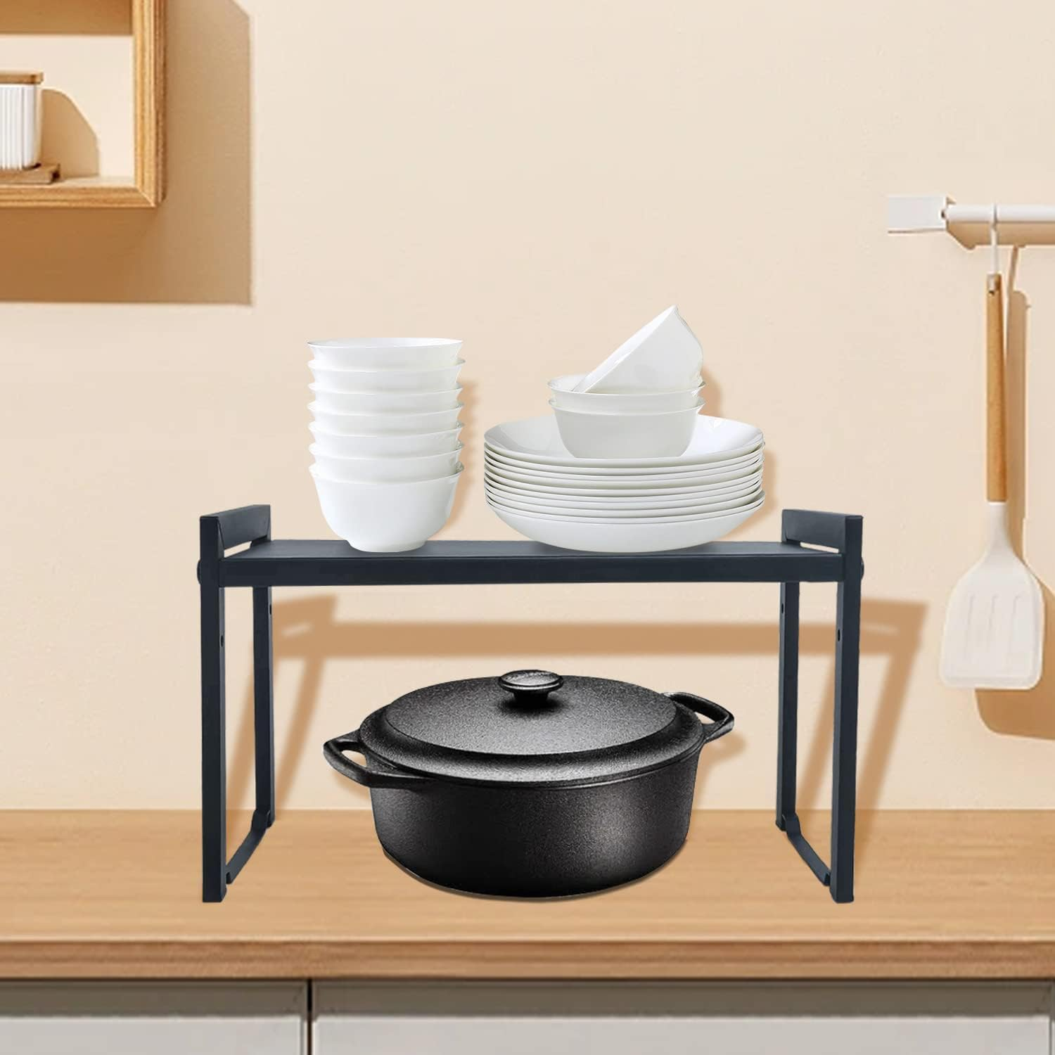 Zenmaarket Expandable Counter Shelf Organiser, 2 Pack, Black M, Minimalist Style, 2 Shelves, Metal, Adjustable & Expandable, 66 Cm (L) X 20 Cm (D) X 18 Cm (H), 20 Kg Capacity