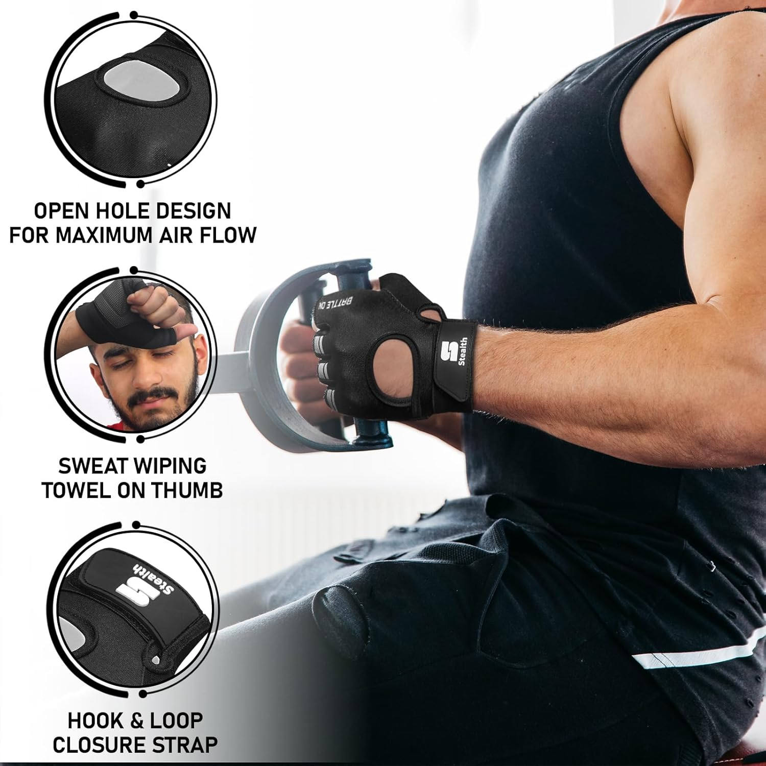 Stealth Sports Fingerless Workout Gloves &ndash; Padded, Anti-Slip Weight Lifting Gloves for Men and Women &ndash; Breathable Gym Gloves for Cycling, Fitness, Rowing, and Training - X1 image number 4