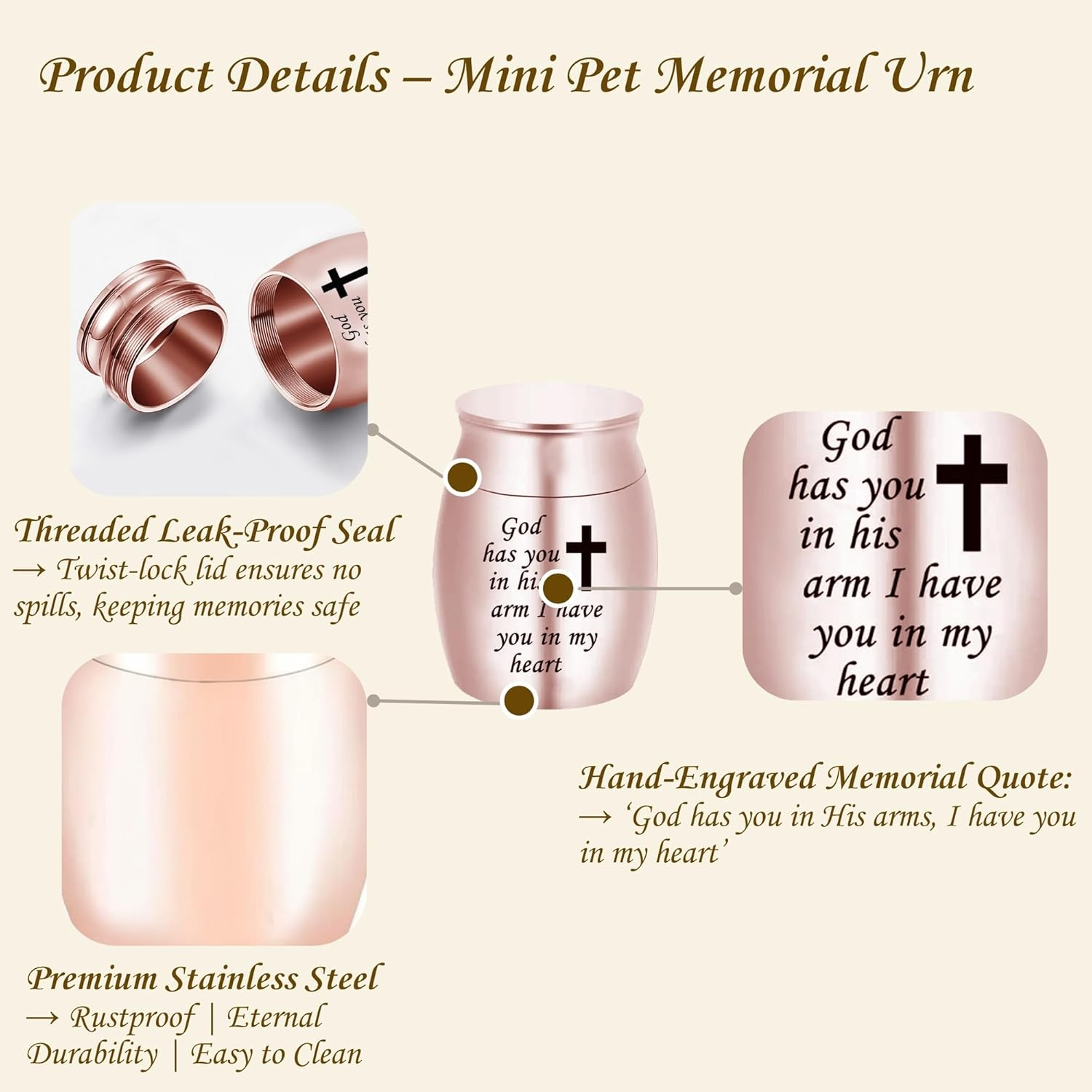 Pet Memorial Urns for Ashes, Keepsake Memorial Urns Teeth Hair, Rose Gold-Plated Stainless Steel Jars for Cat Keepsake Loss of Dog Sympathy Gift image number 5