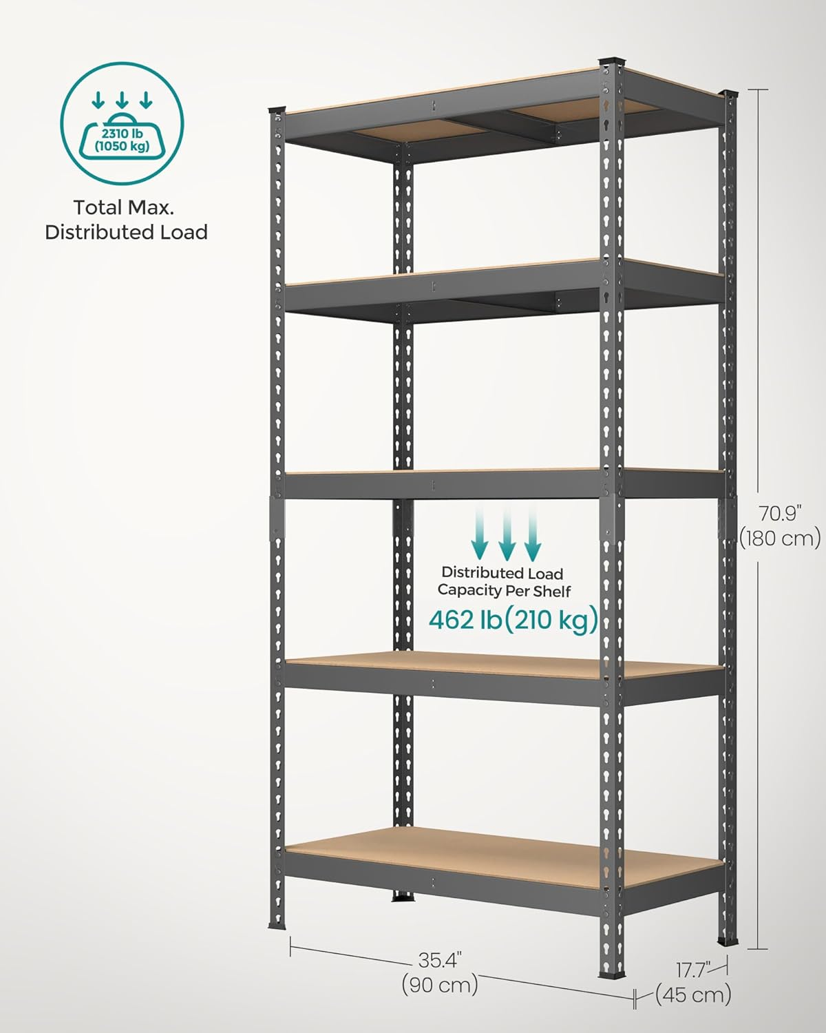 SONGMICS 5-Tier Storage Shelves, Load 2310 Lb, Garage Storage, Boltless Assembly, Adjustable Shelving Unit, 17.7 X 35.4 X 70.9 Inches, for Study Shed Basement, Gray and Natural Beige UGLR450G01 image number 4