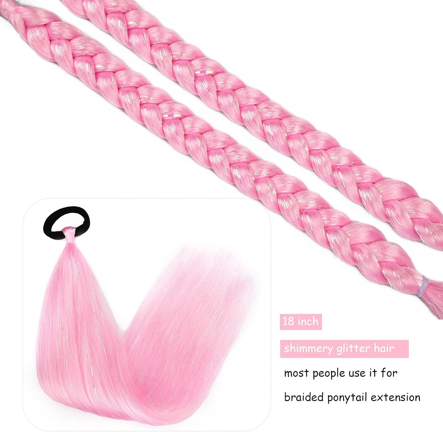 Pink Ponytail Extension with Tie, Colored Hair Extensions, Festival Crazy Hair Day Accessories, Shimmer Tinsel Ponytail Colorful, 18 Inch 2 Packs image number 6