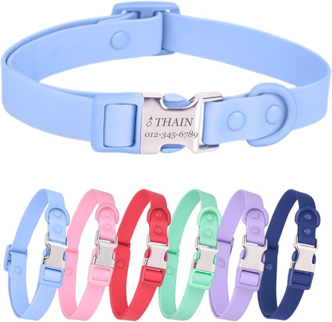 THAIN Personalized Waterproof Dog Collar with Name Plate,Custom Easy Clean PVC Dog Collar with Engraved Buckle ID Name and Number for Small Medium Large Dogs (Navy, M)