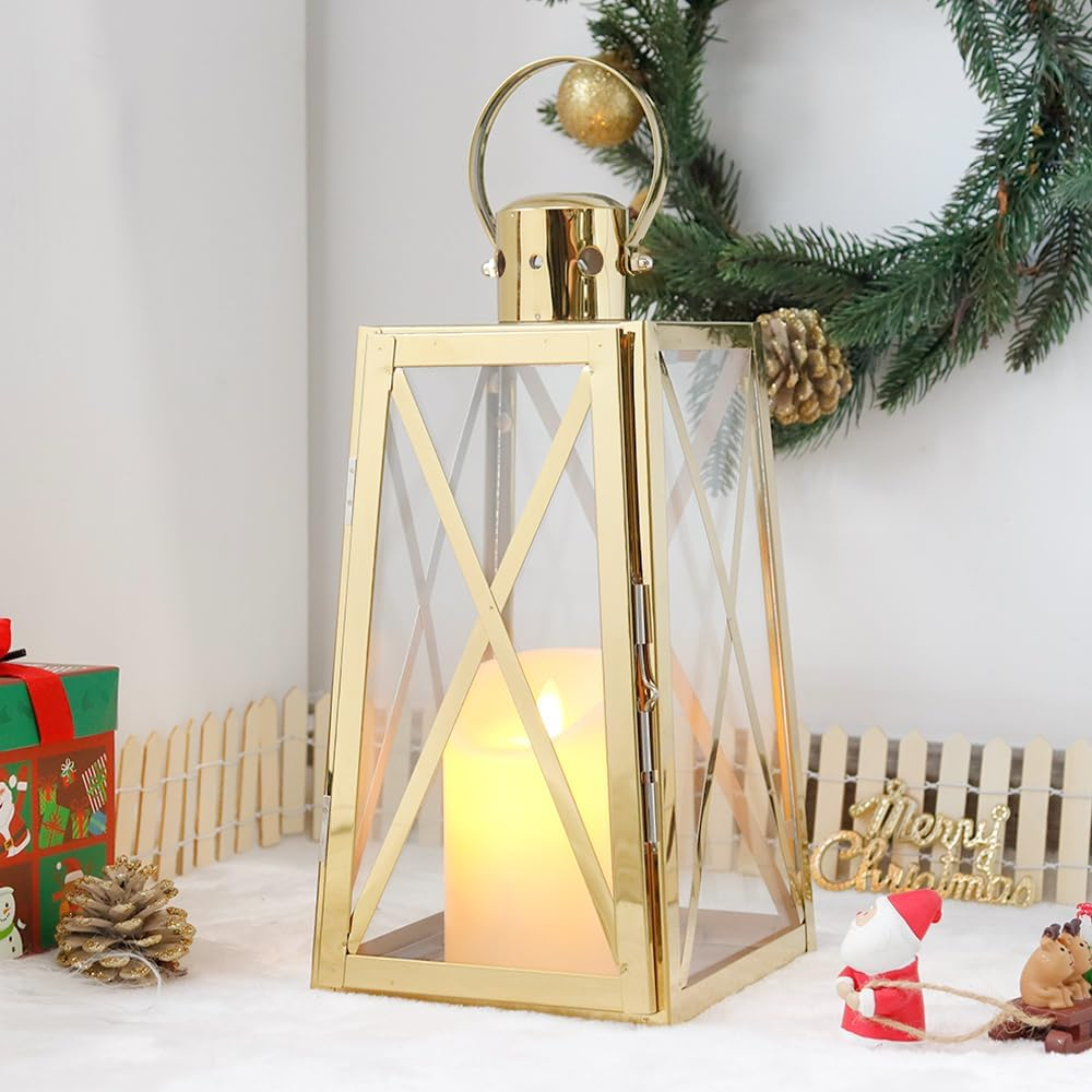TRIROCKS Stainless Steel Decorative Lantern 12''H Metal Outdoor Candle Holder Hanging Candle Lantern with Tempered Glass for Christmas Home Wedding Living Room Parties Indoor Outdoor(Gold Trapezoid) image number 1
