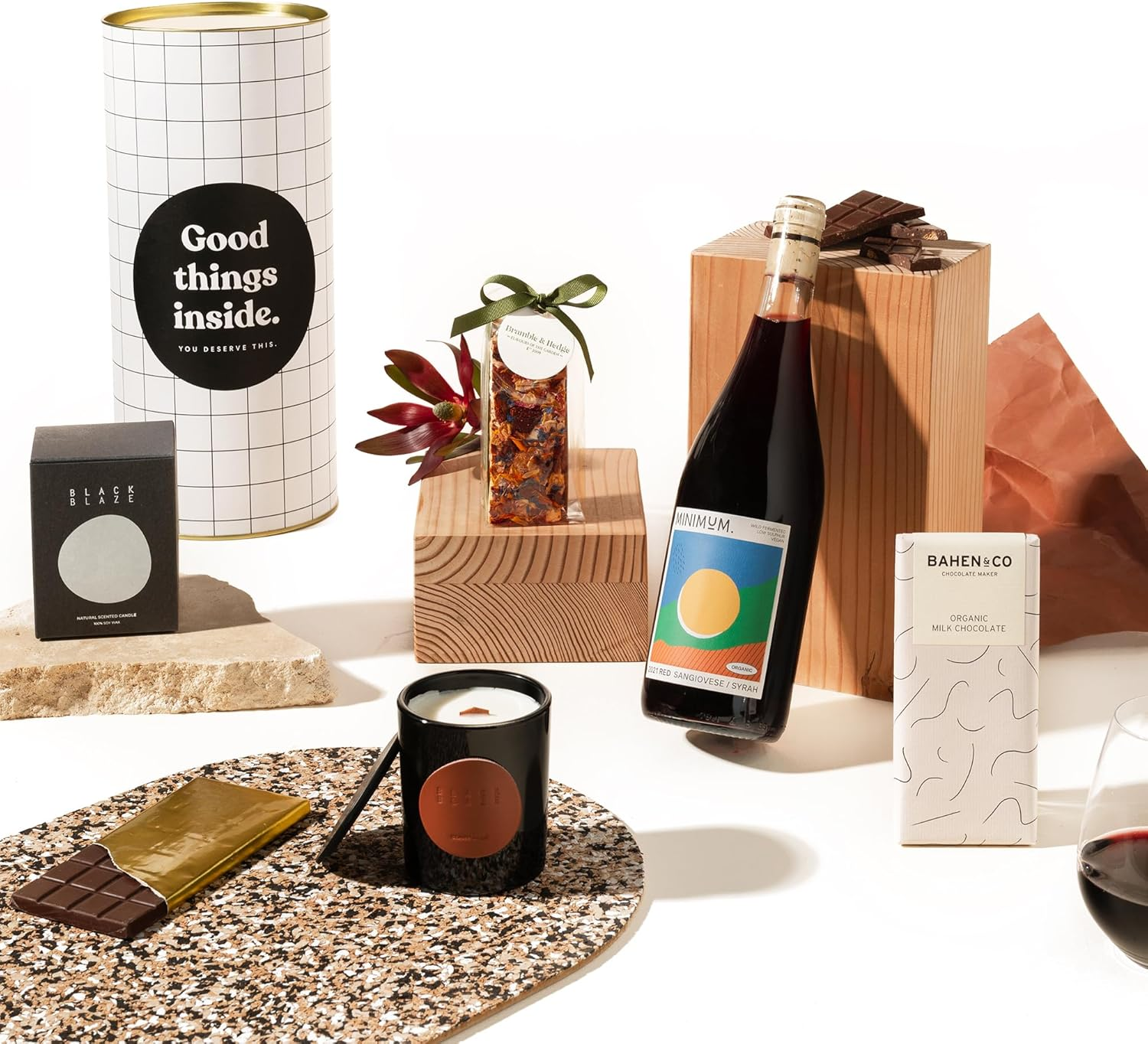 Gourmet Wine, Sweets and Candle Gift Hamper | Joyous Jordan Gift Box by Good Day People | Premium Gourmet Hamper with Wine Choice or Non-Alcoholic Sparkling, Bahen & Co Chocolate, Bramble and Hedge Nougat and Black Blaze Scented Candle &ndash; Great as for Birthday Gifts, for Anniversaries & Celebrations (White Wine) image number 3