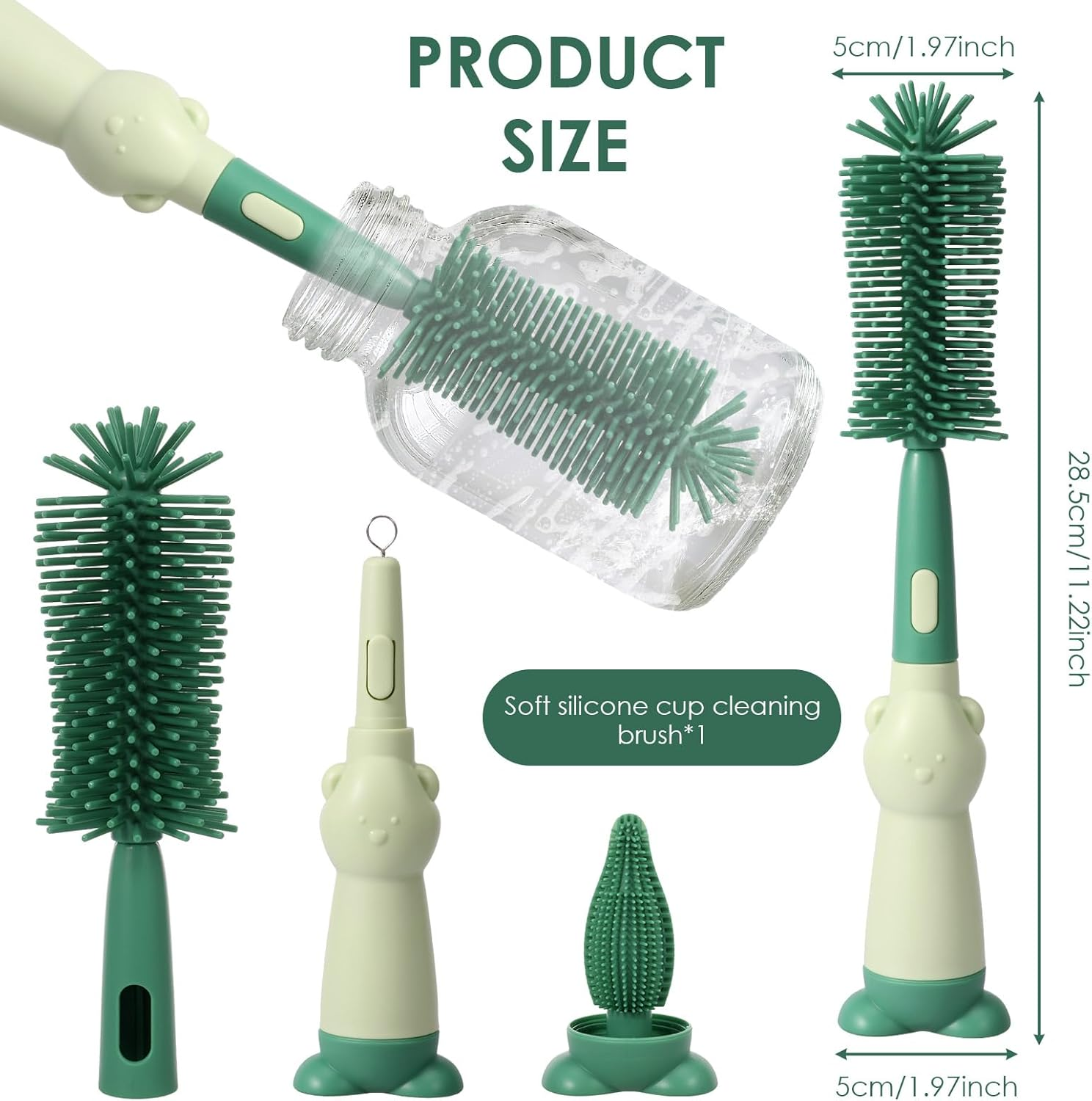 3 in 1 Baby Bottle Brush Set Reusable 3 Brushes to Clean Baby Bottles Nipples and Straws Ideal for Home and Travel Use (Green) - Green image number 5