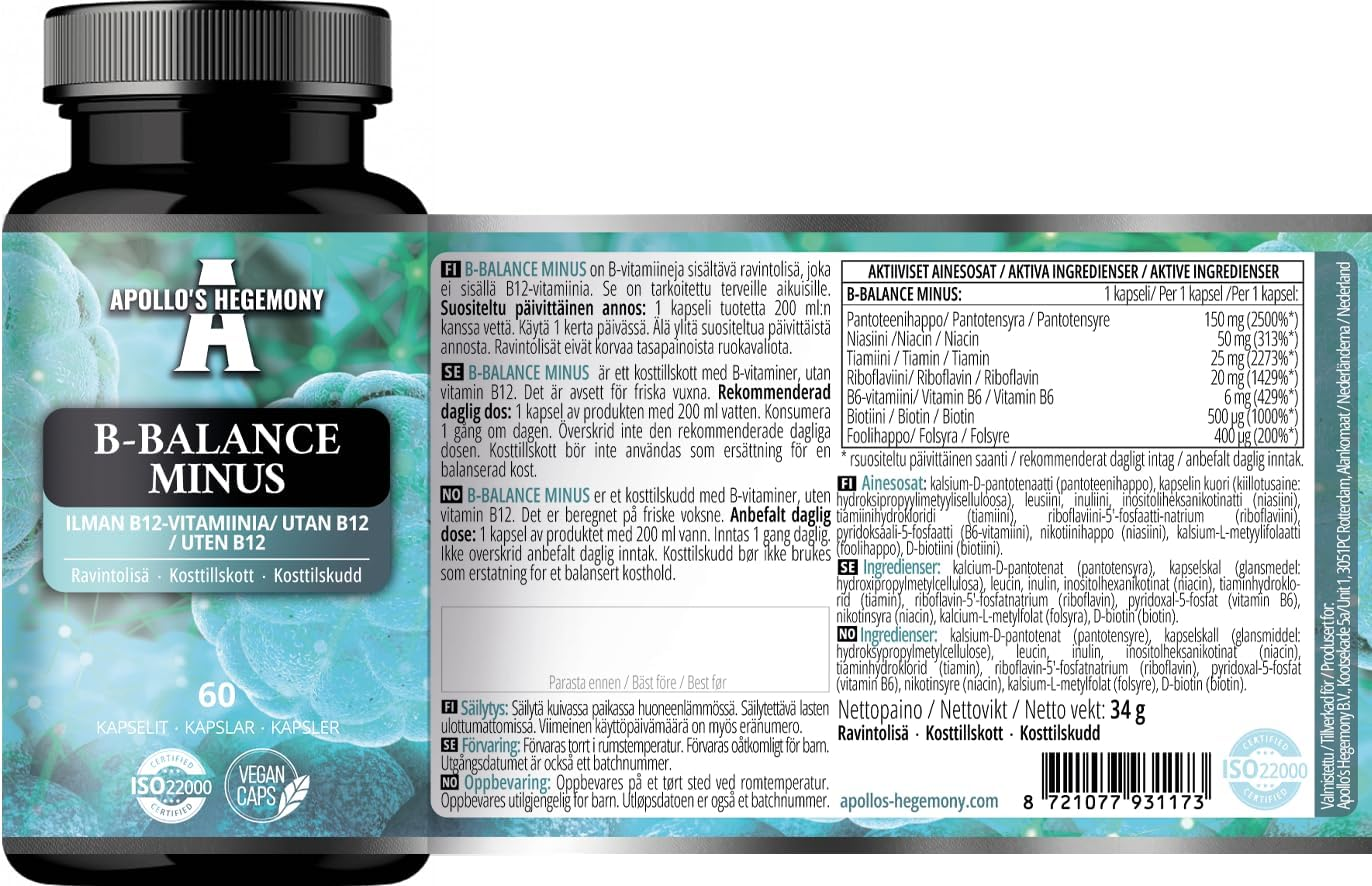 B-Balance minus - 60 Vegan Capsules - excluding B12 for Customized Health Strategies - Comprehensive B-Complex for Metabolism & Nervous System Support - by Apollo'S Hegemony image number 3