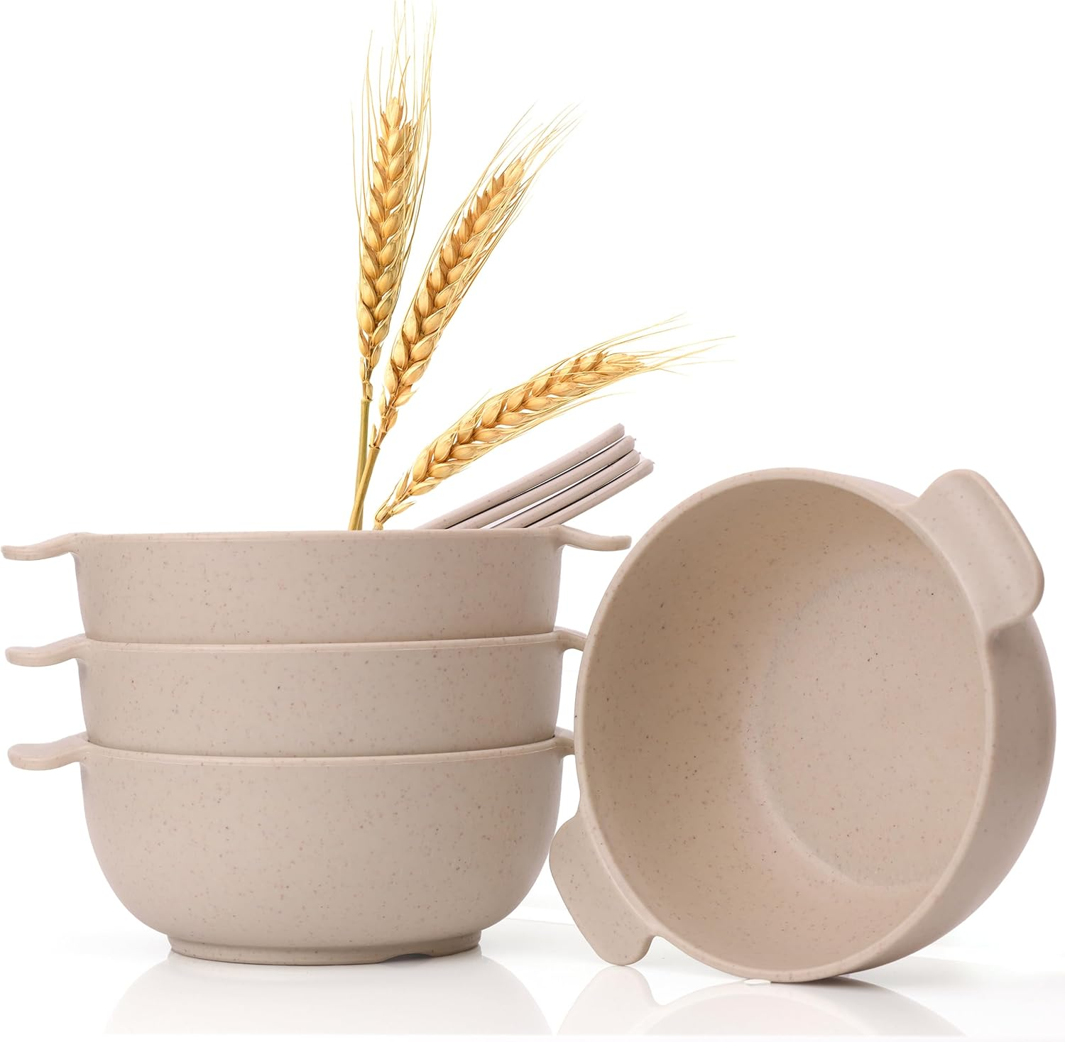 Rightitem Wheat Straw Dinnerware Set - 4 Bowls & 4 Spoons, Reusable, Microwave & Dishwasher Safe, Perfect for Camping or Home Use