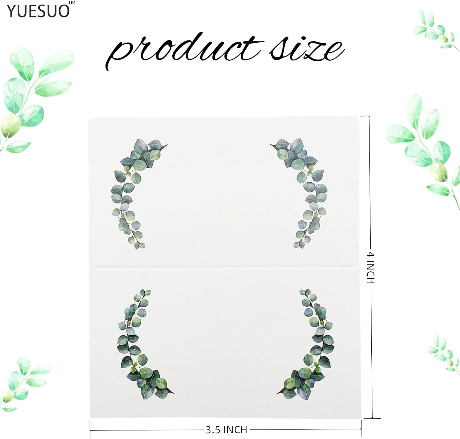 YUESUO 100PCS Green Leaves Watercolor Place Cards Folded Tented Blank Table Cards Name Card for Weddings,Parties, Business Events Decorations 2" X 3.5" (Green)
