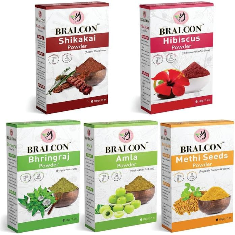 BRALCON Methi, Amla, Shikakai, Bhringraj, Hibiscus Powder Combo-500G (100G X 5 Pack) for Hair & Skin Care in Seperate Packaging image number 1